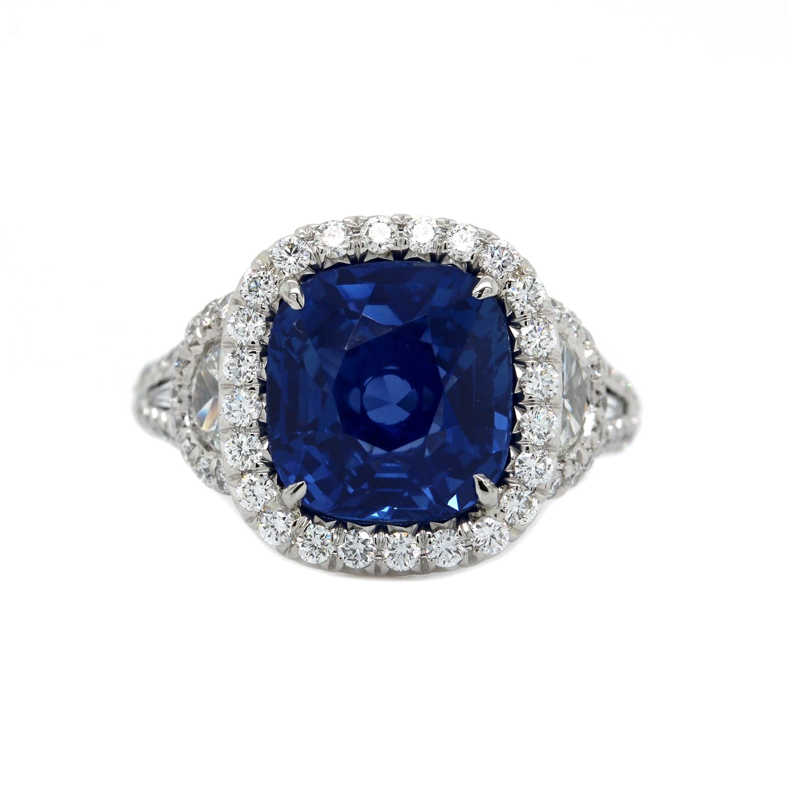 Platinum Cushion Cut Sapphire and Diamond Halo Ring - Image 5