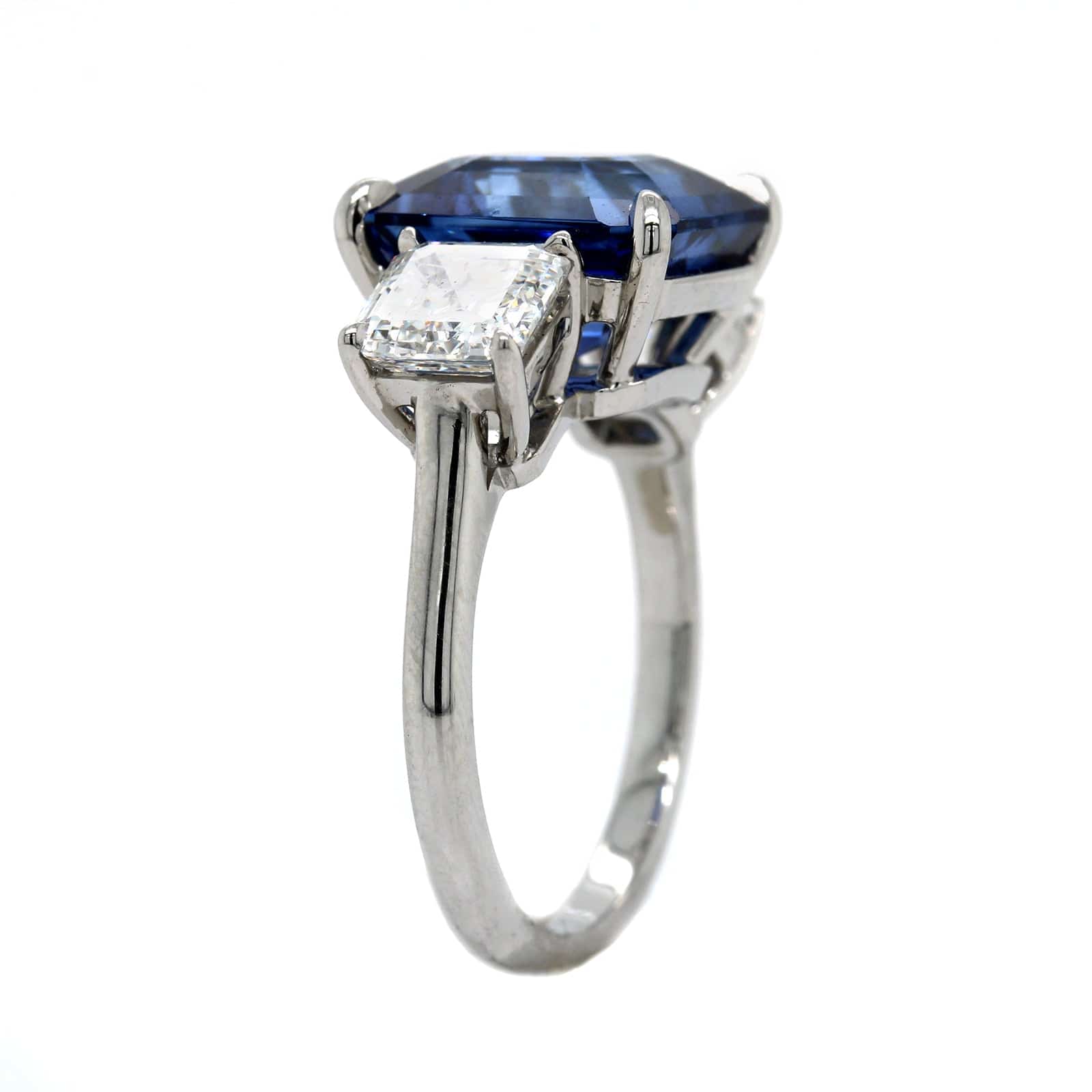 Platinum 3 Stone Square Sapphire and Diamond Ring - Image 2