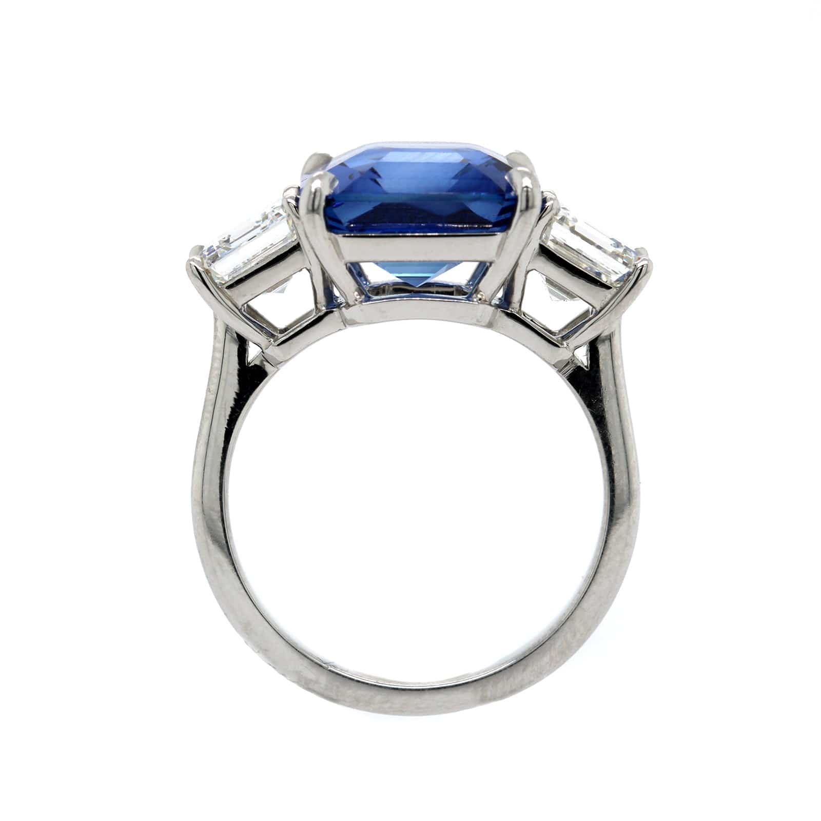 Platinum 3 Stone Square Sapphire and Diamond Ring - Image 3