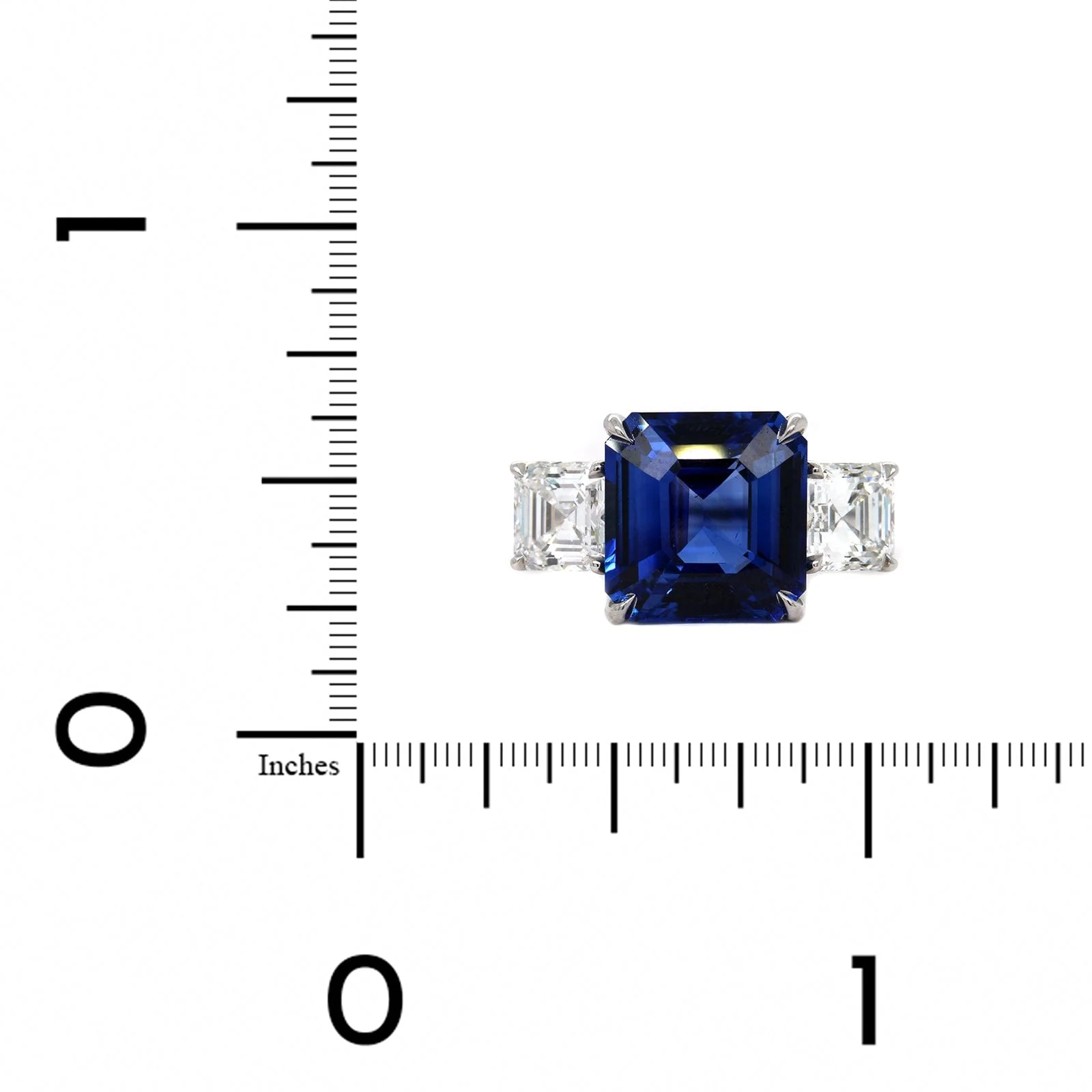 Platinum 3 Stone Square Sapphire and Diamond Ring - Image 4