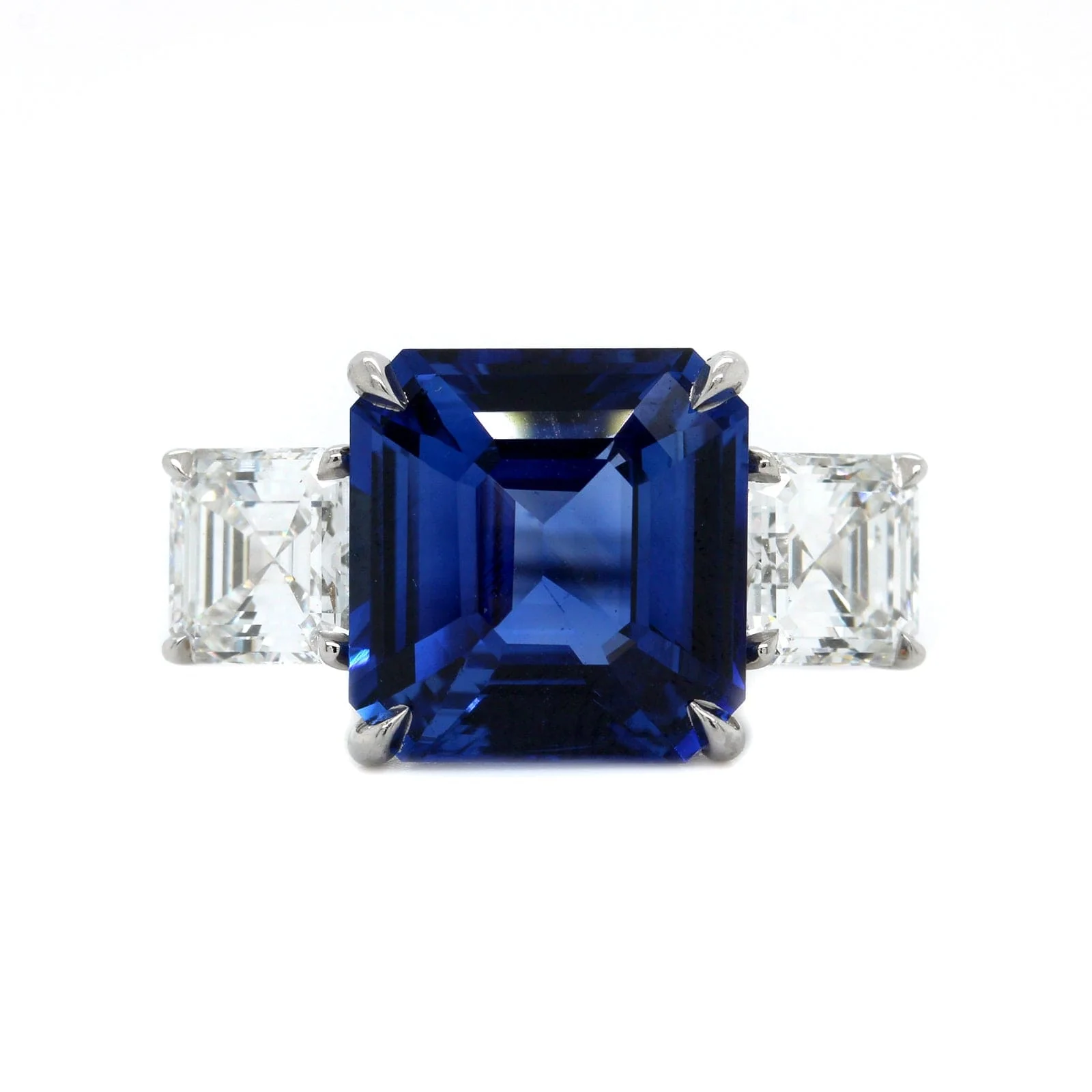 Platinum 3 Stone Square Sapphire and Diamond Ring - Image 5