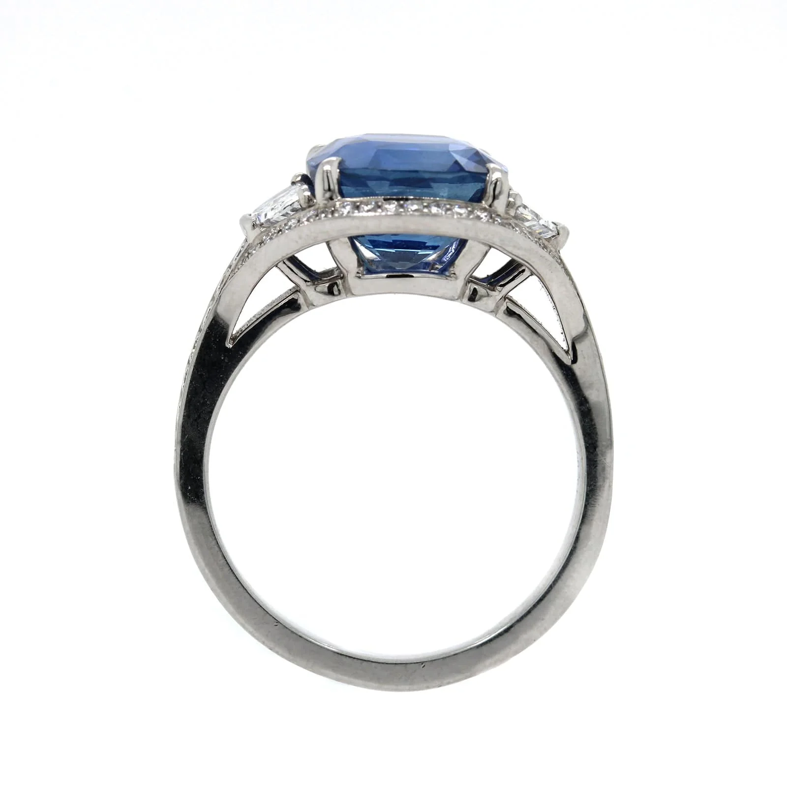 Platinum Cushion Cut Sapphire and Diamond Halo Ring - Image 3