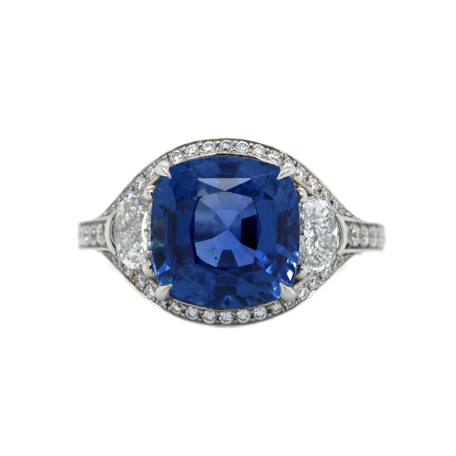 Platinum Cushion Cut Sapphire and Diamond Halo Ring - Image 5