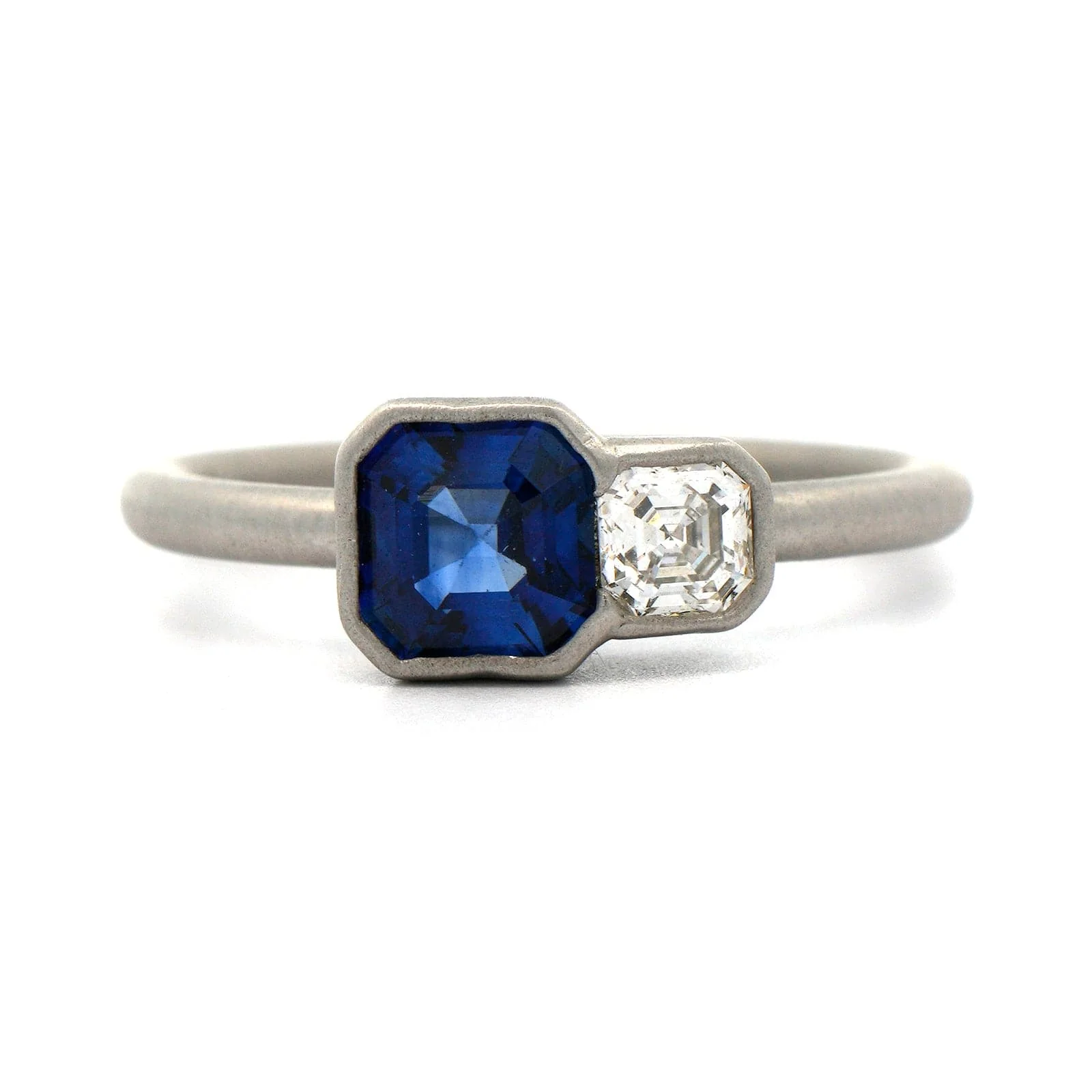 Platinum 2 Stone Asscher Cut Sapphire and Diamond Ring - Image 4