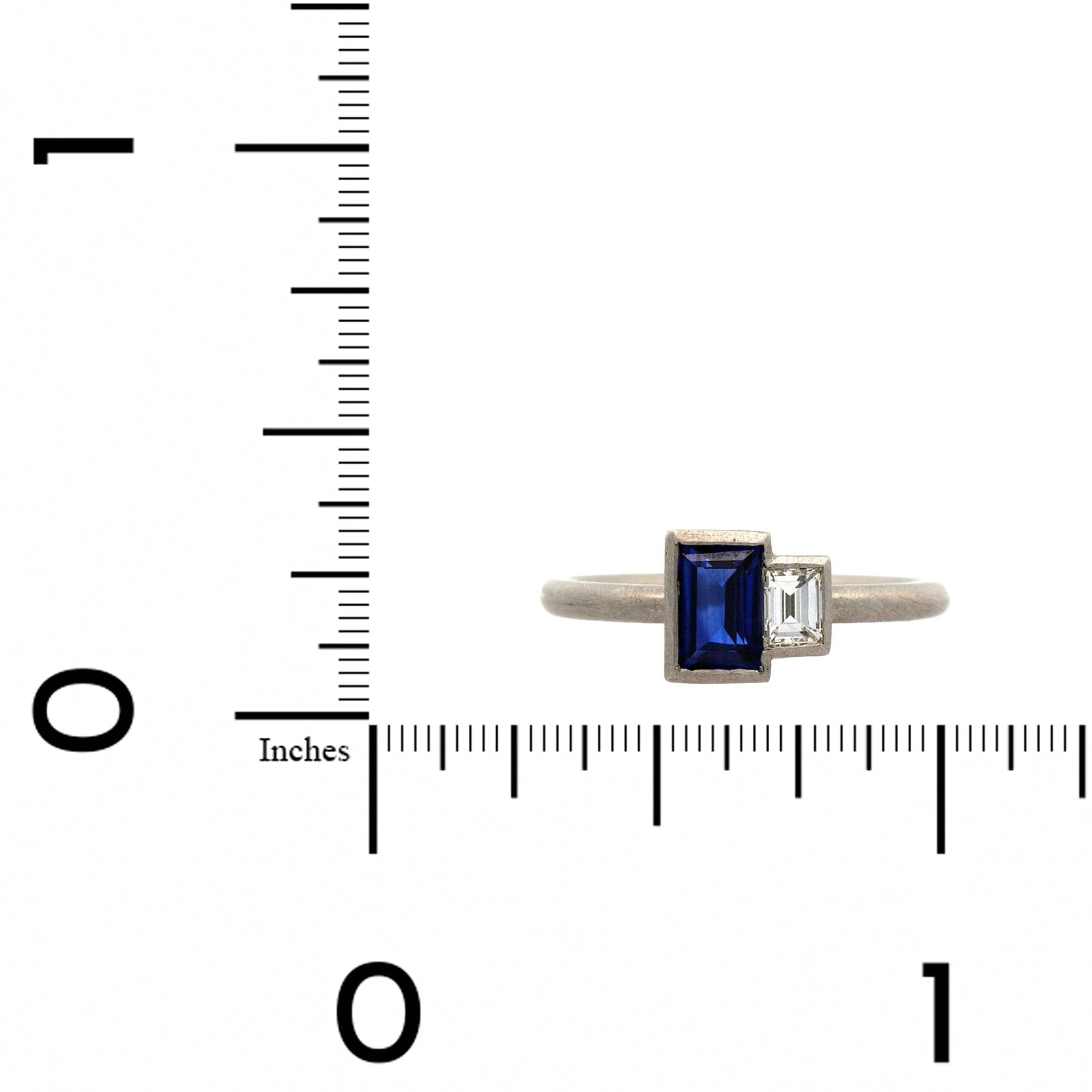 Platinum 2 Stone Baguette Cut Sapphire and Diamond Ring - Image 3