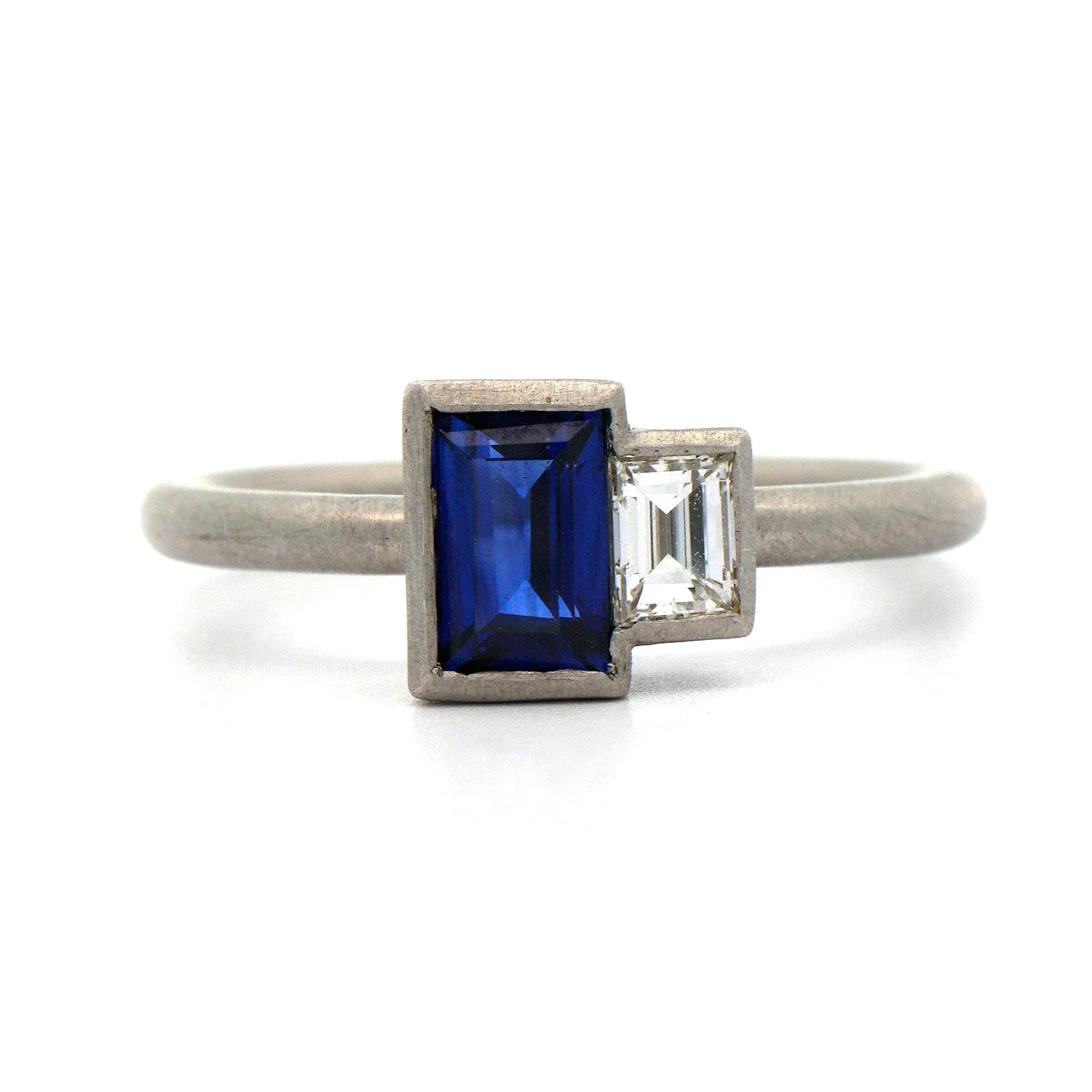 Platinum 2 Stone Baguette Cut Sapphire and Diamond Ring - Image 4