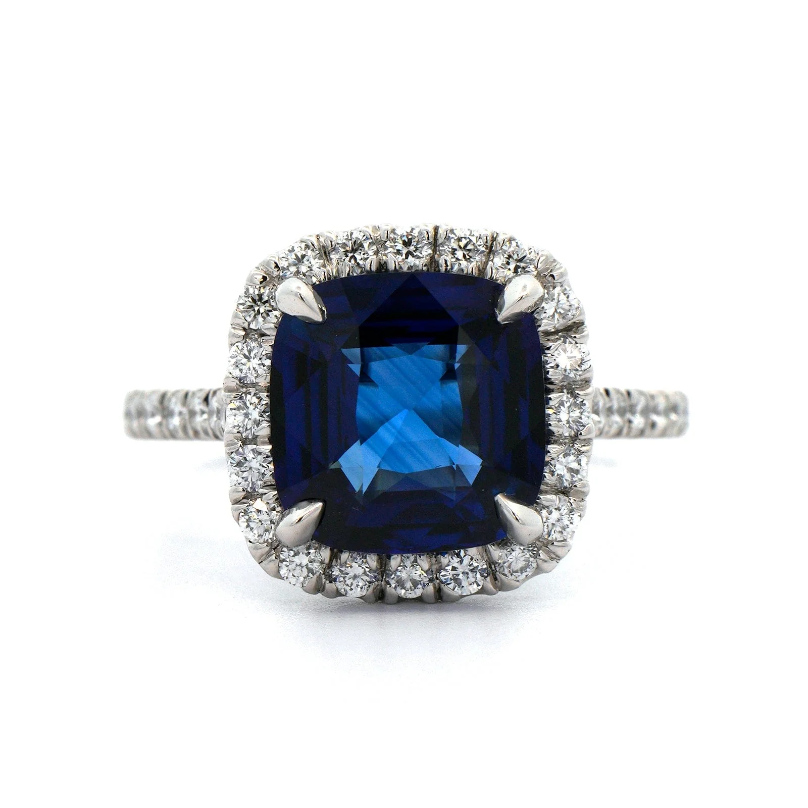 Platinum Cushion Cut Sapphire and Diamond Ring