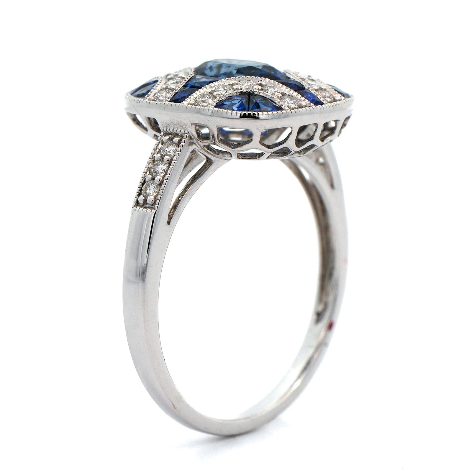18K White Gold Blue Sapphire and Diamond Cluster Ring - Image 2