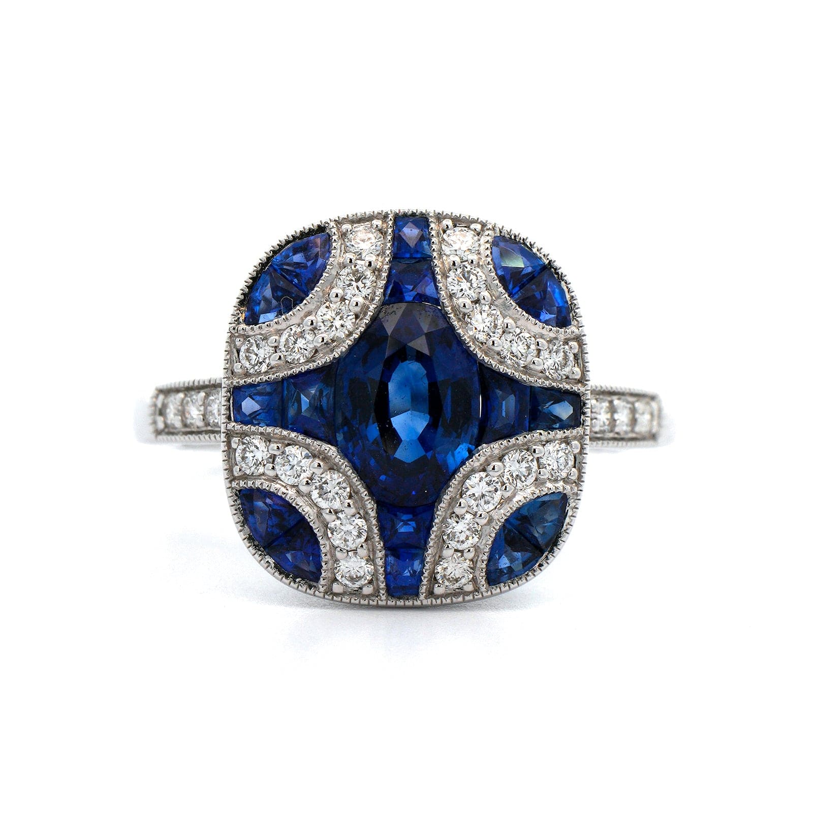 18K White Gold Blue Sapphire and Diamond Cluster Ring - Image 4