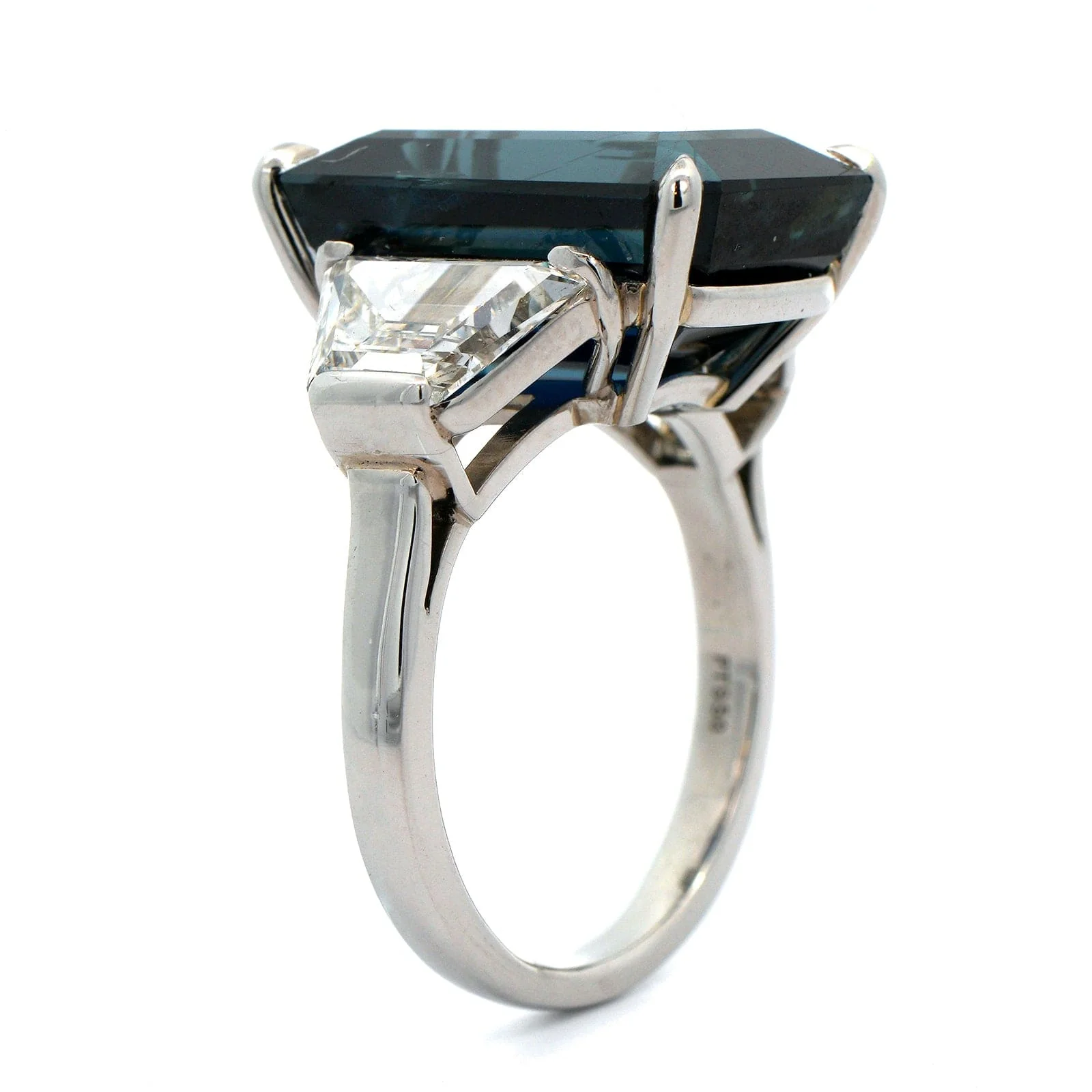 Platinum Emerald Cut Sapphire and Trapezoid Diamond Ring - Image 2