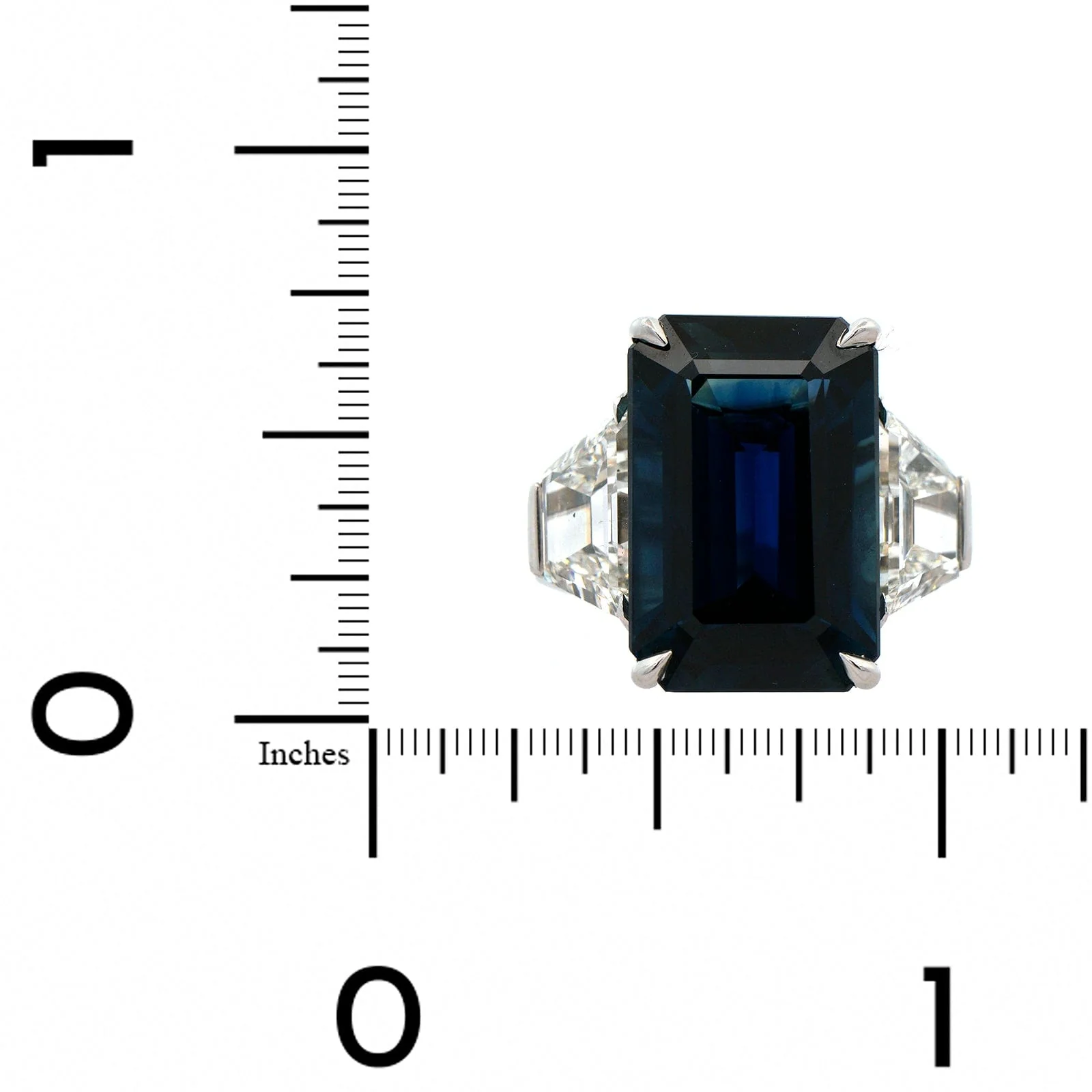 Platinum Emerald Cut Sapphire and Trapezoid Diamond Ring - Image 3