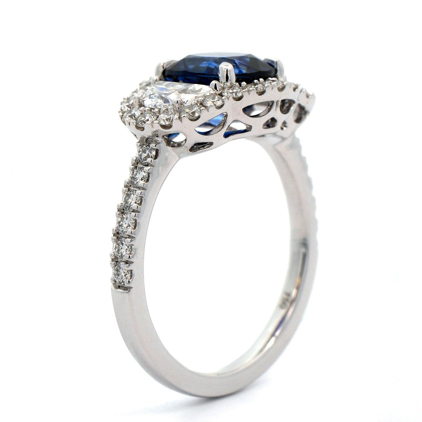 18K White Gold Cushion Sapphire and Half Moon Diamond Ring - Image 2