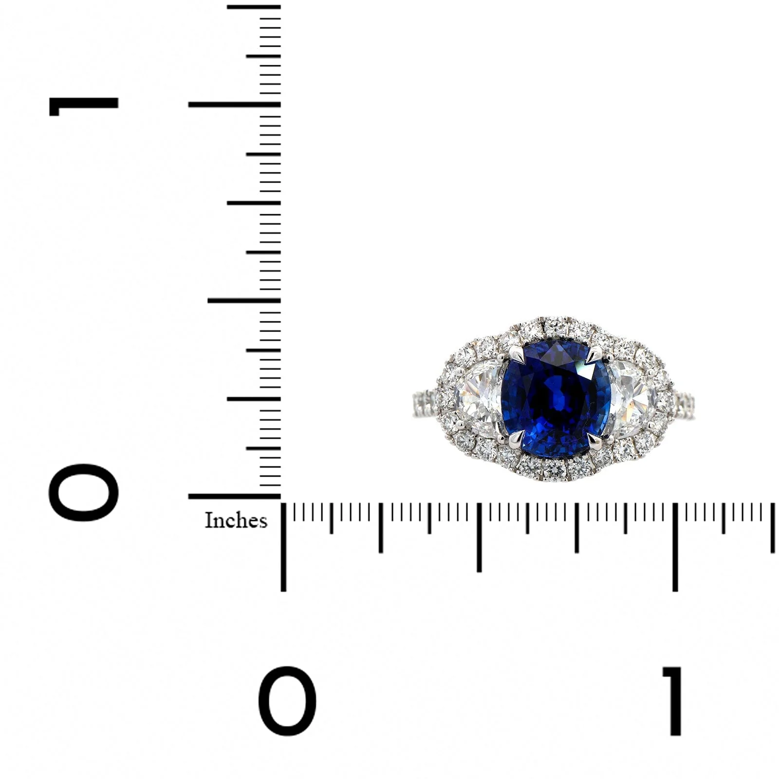 18K White Gold Cushion Sapphire and Half Moon Diamond Ring - Image 3