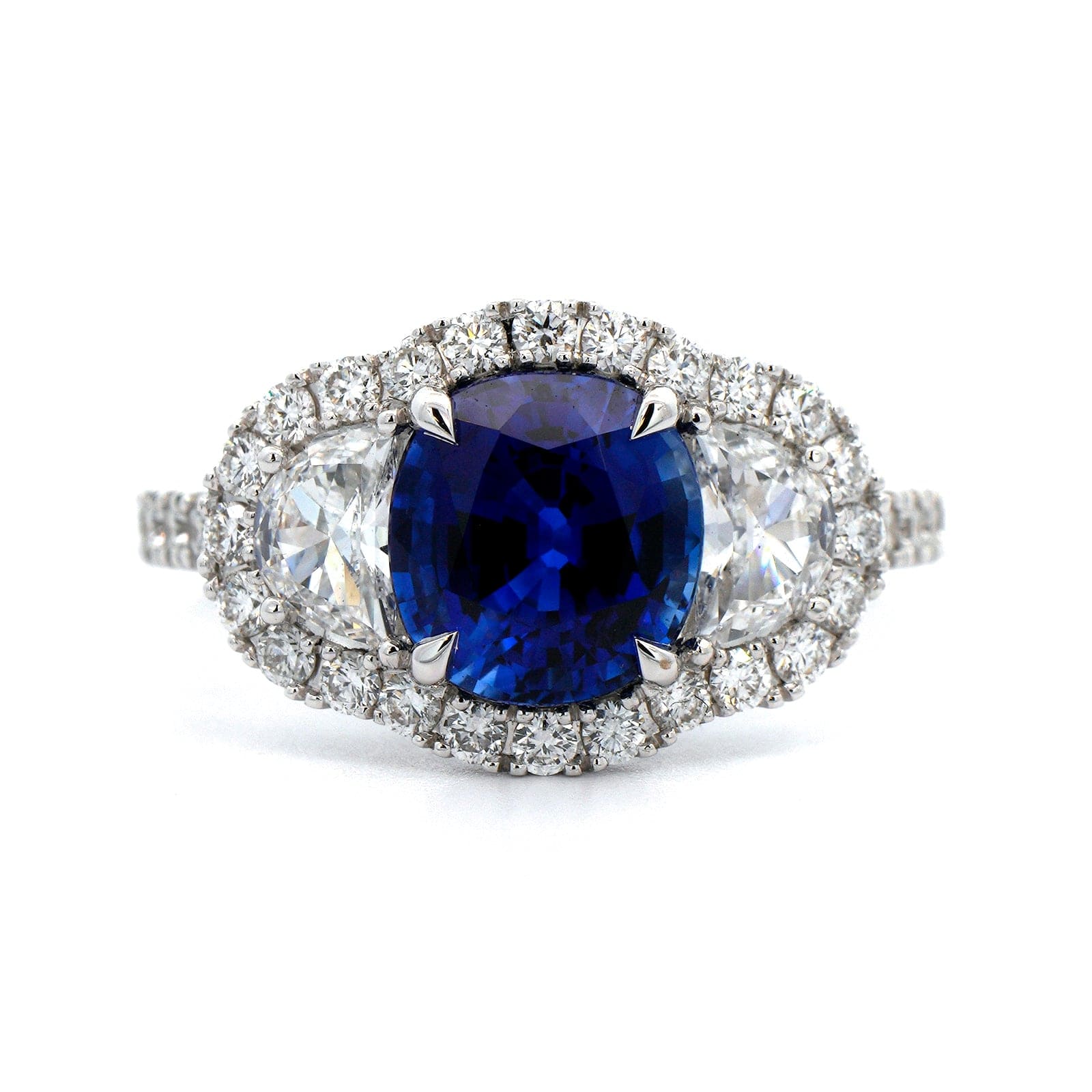 18K White Gold Cushion Sapphire and Half Moon Diamond Ring - Image 4