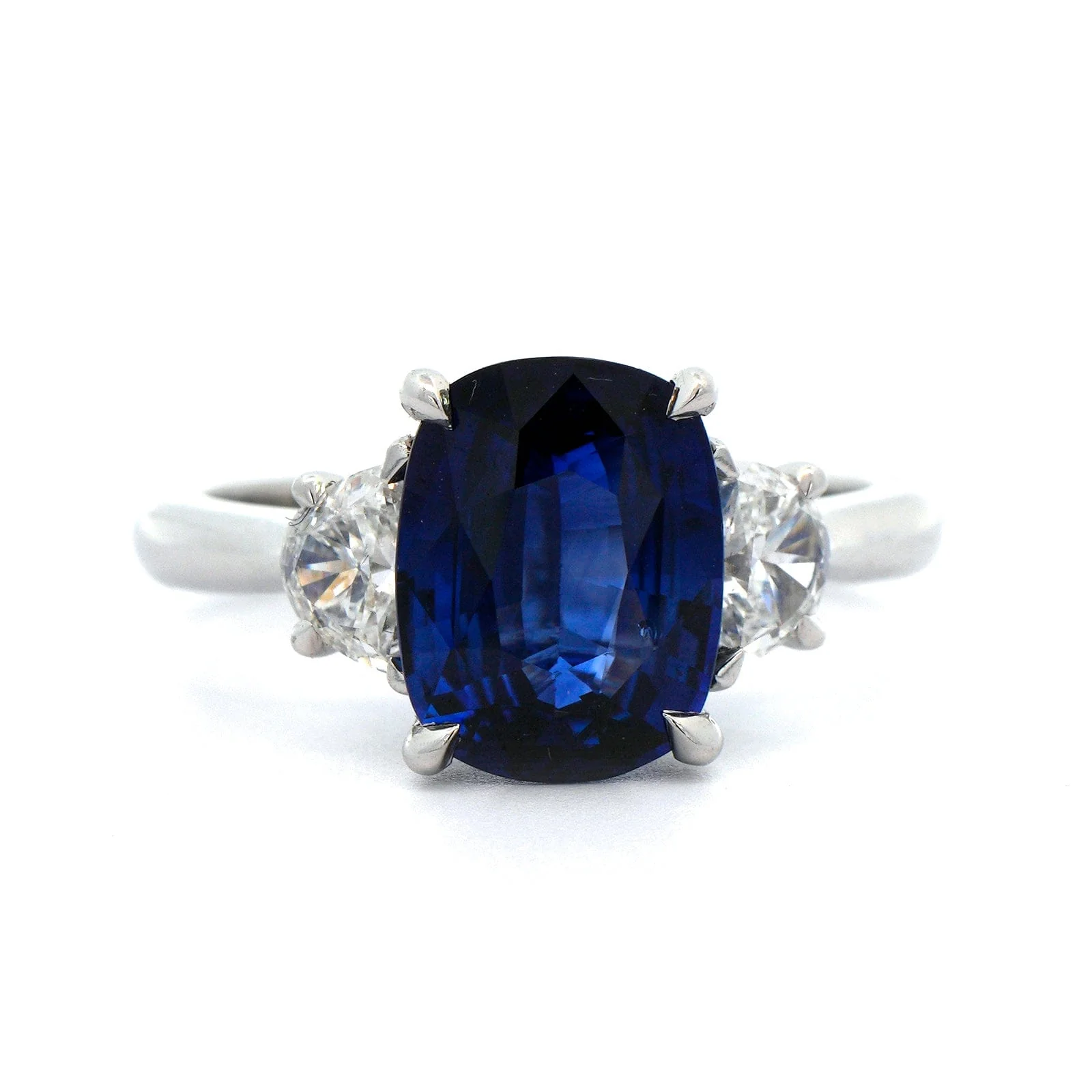 Platinum Cushion Sapphire and Half Moon Diamond Ring - Image 4