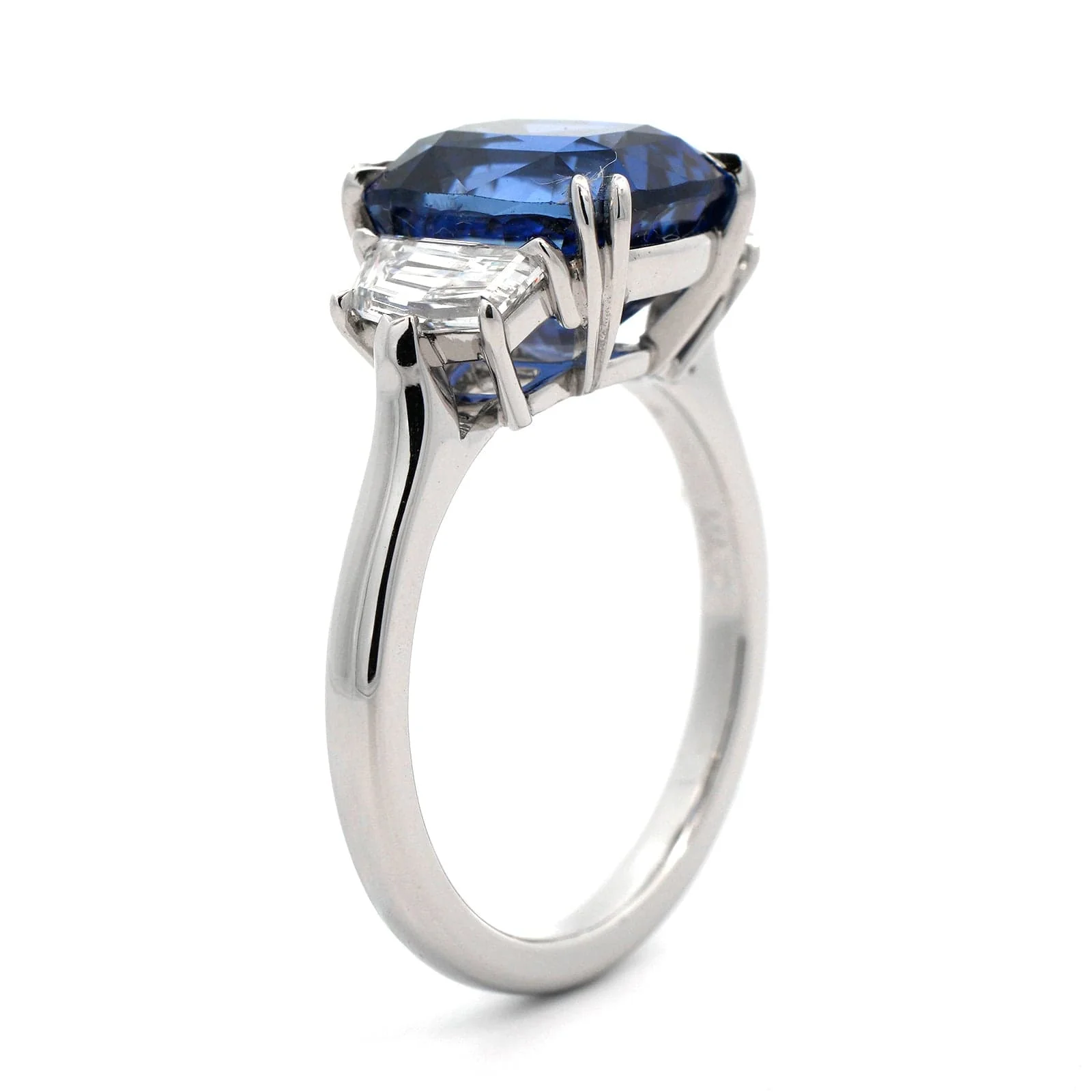 Platinum 3 Stone Cushion Sapphire and Epaulette Diamond Ring - Image 2