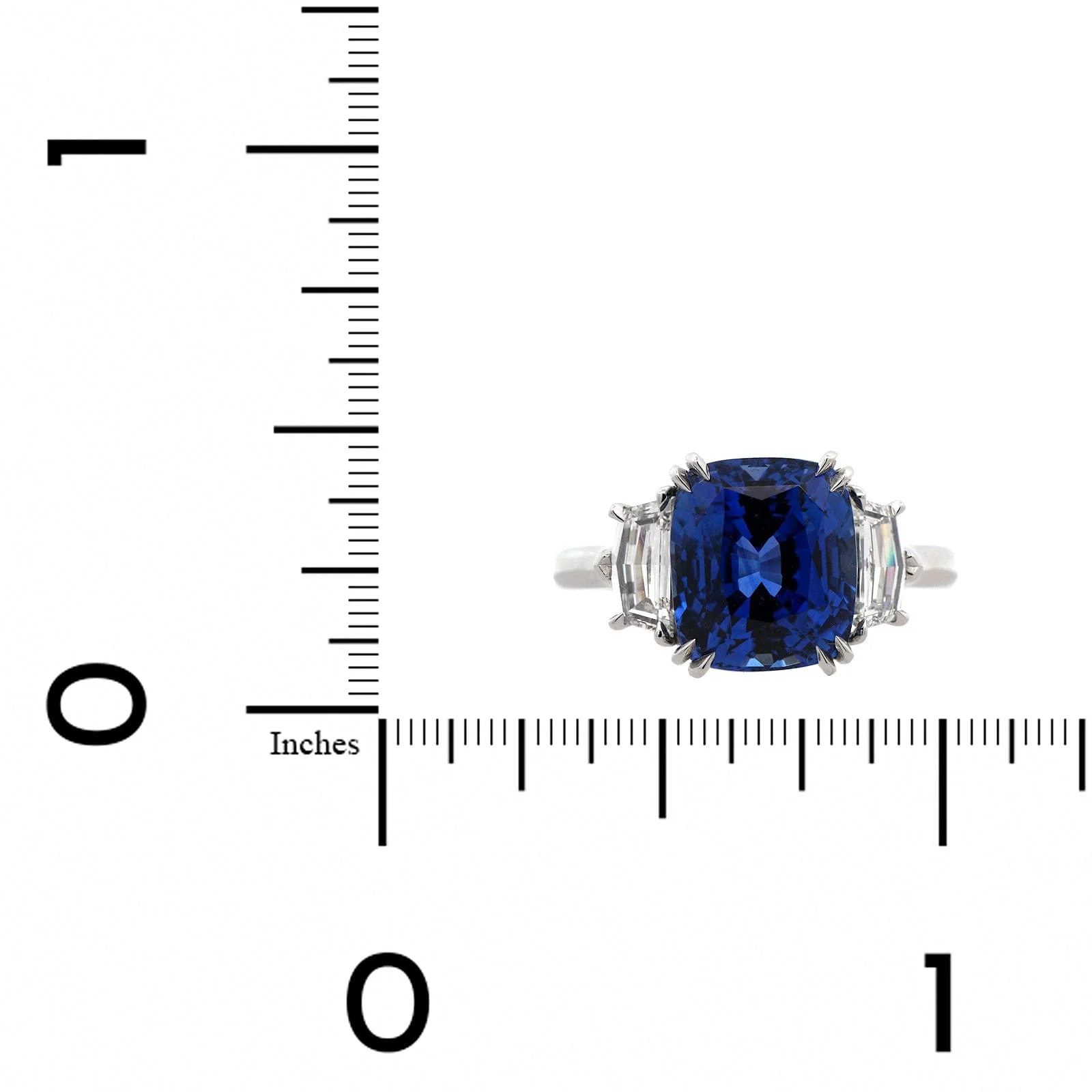 Platinum 3 Stone Cushion Sapphire and Epaulette Diamond Ring - Image 3
