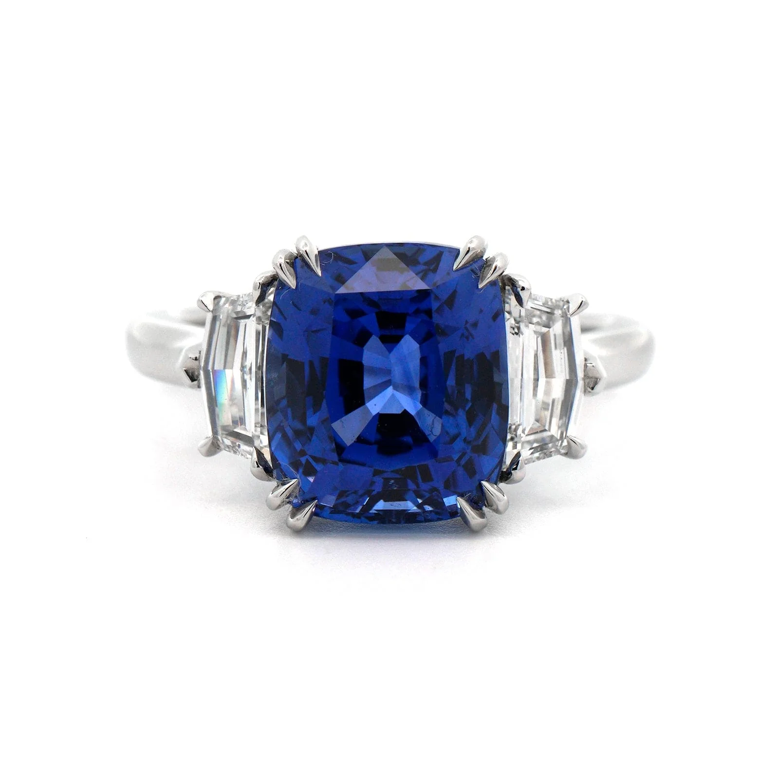 Platinum 3 Stone Cushion Sapphire and Epaulette Diamond Ring - Image 4