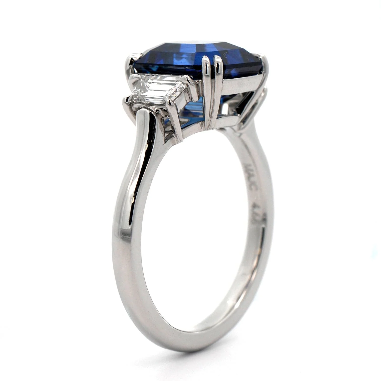 Platinum 3 Stone Blue Sapphire and Trapezoid Diamond Ring - Image 2