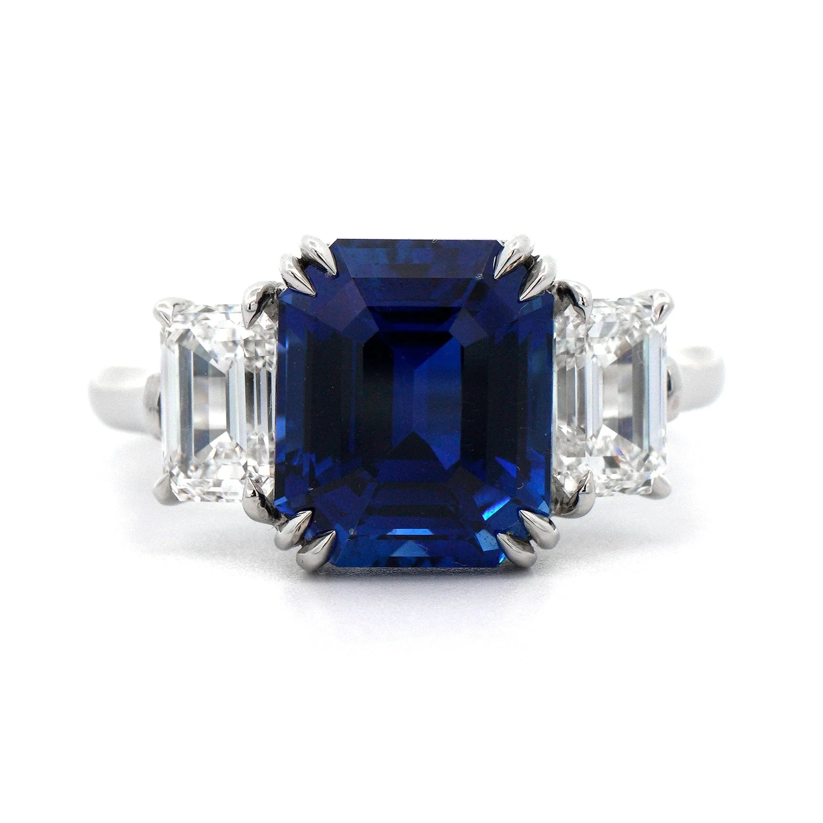 Platinum 3 Stone Blue Sapphire and Diamond Ring - Image 4