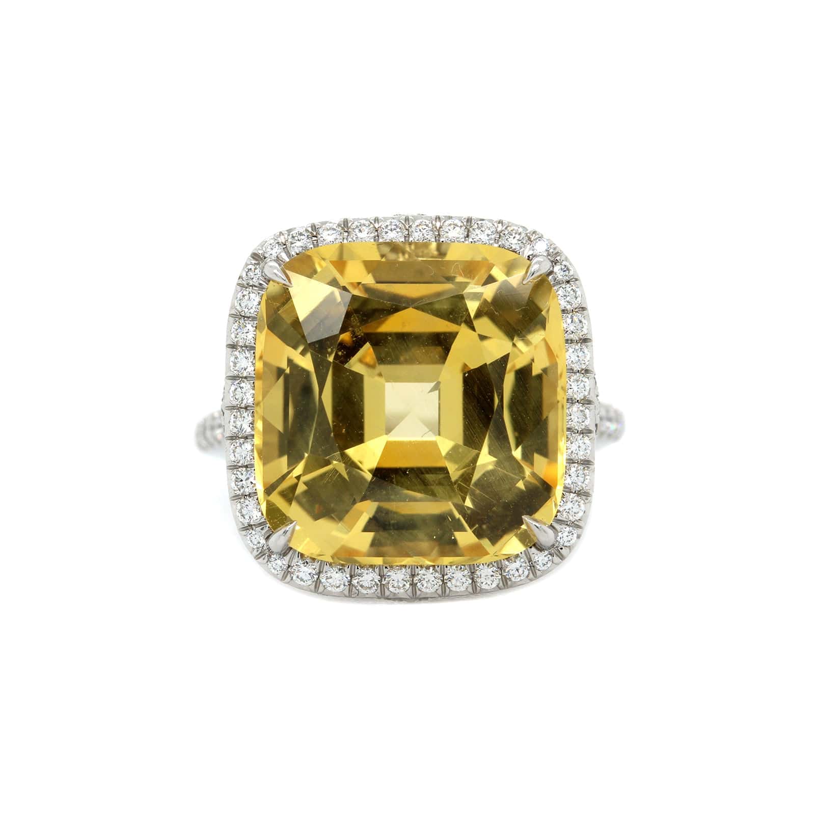Platinum Cushion Cut Yellow Sapphire and Diamond Halo Ring