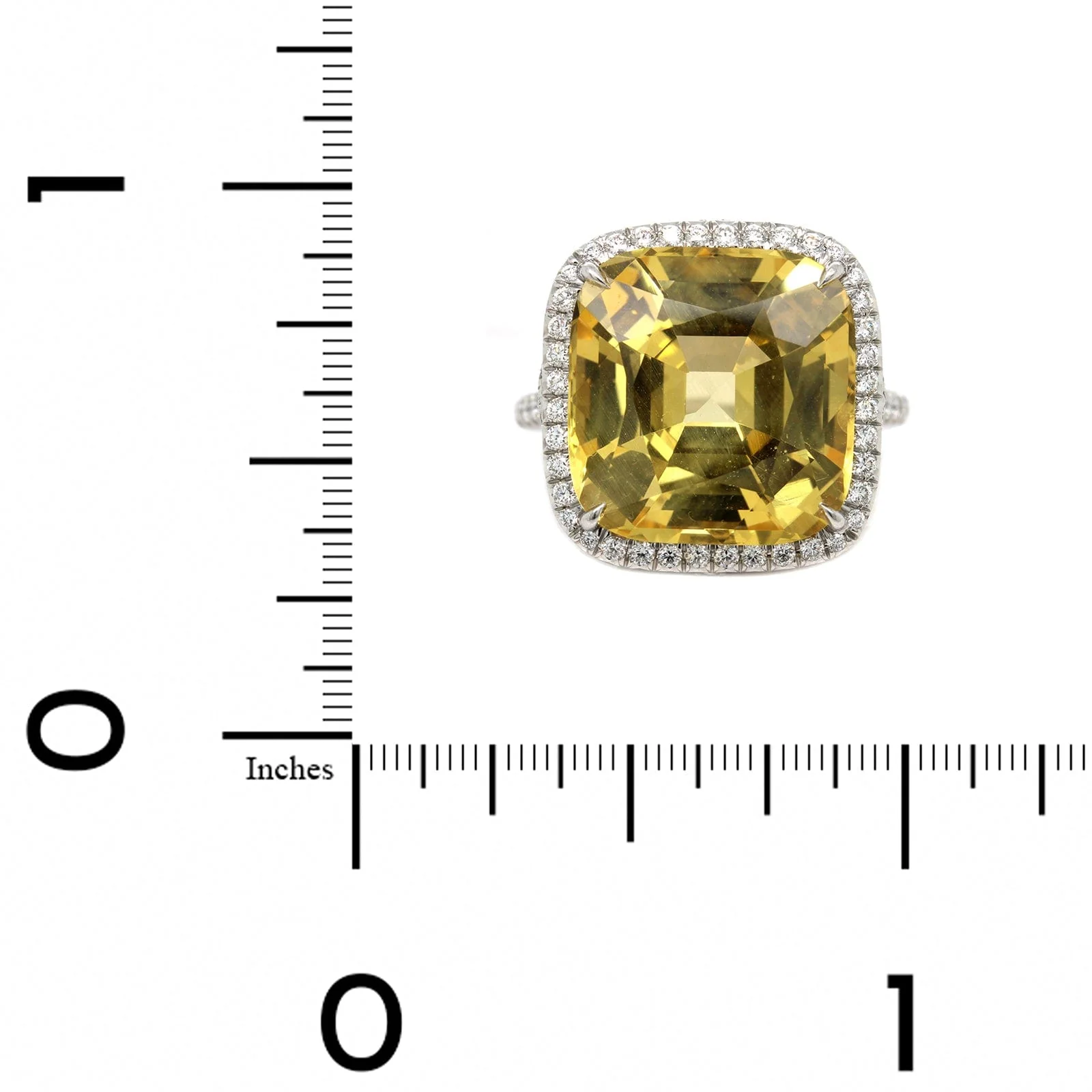 Platinum Cushion Cut Yellow Sapphire and Diamond Halo Ring - Image 4