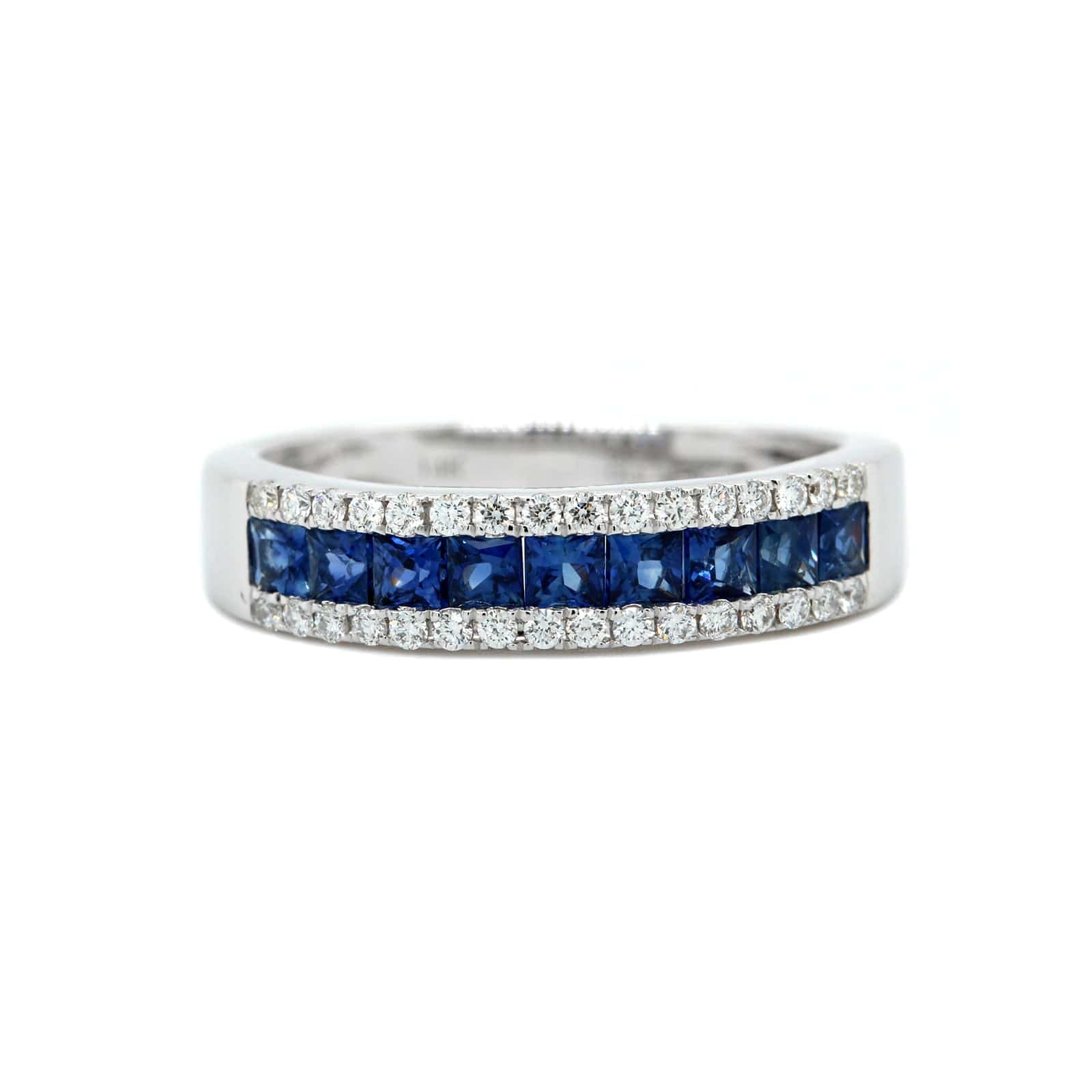 14K White Gold 3 Row Blue Sapphire and Diamond Ring