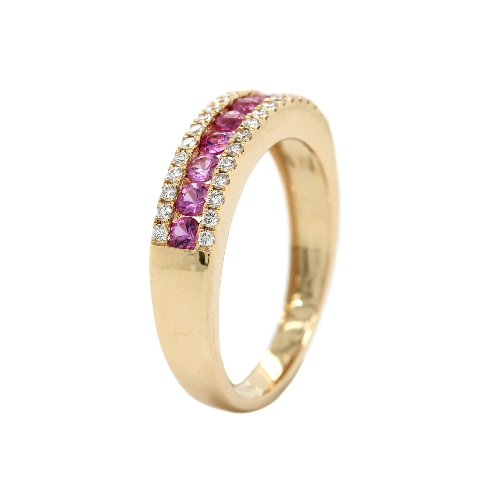 14K Yellow Gold 3 Row Pink Sapphire and Diamond Ring - Image 3