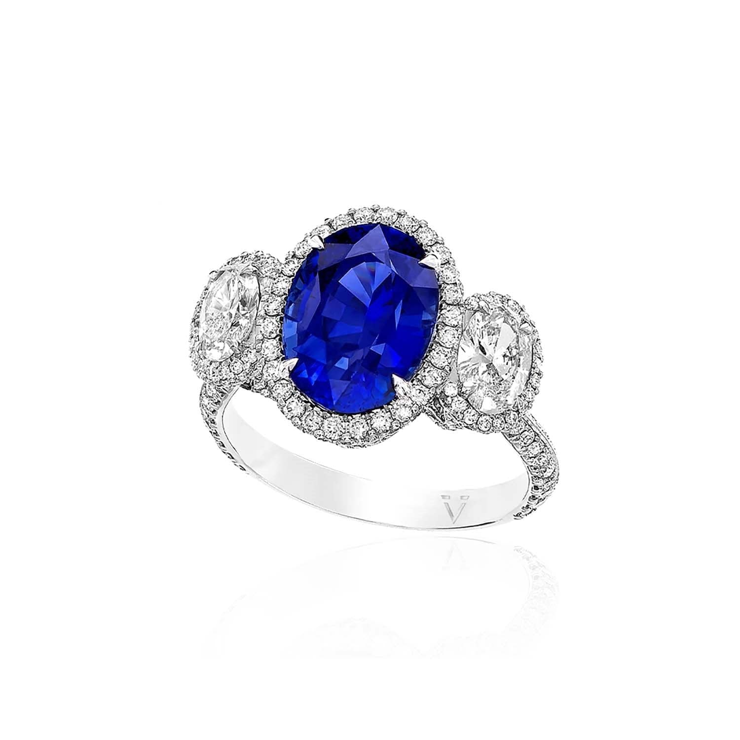 18K White Gold Oval Blue Sapphire and Diamond 3 Stone Ring