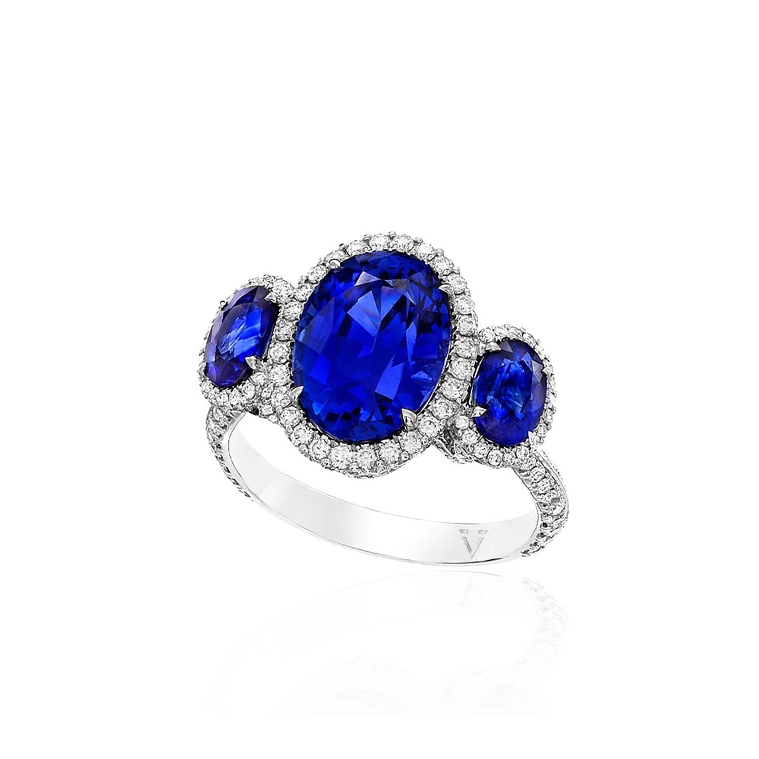 18K White Gold Oval Cut Blue Sapphire and Diamond 3 Stone Ring