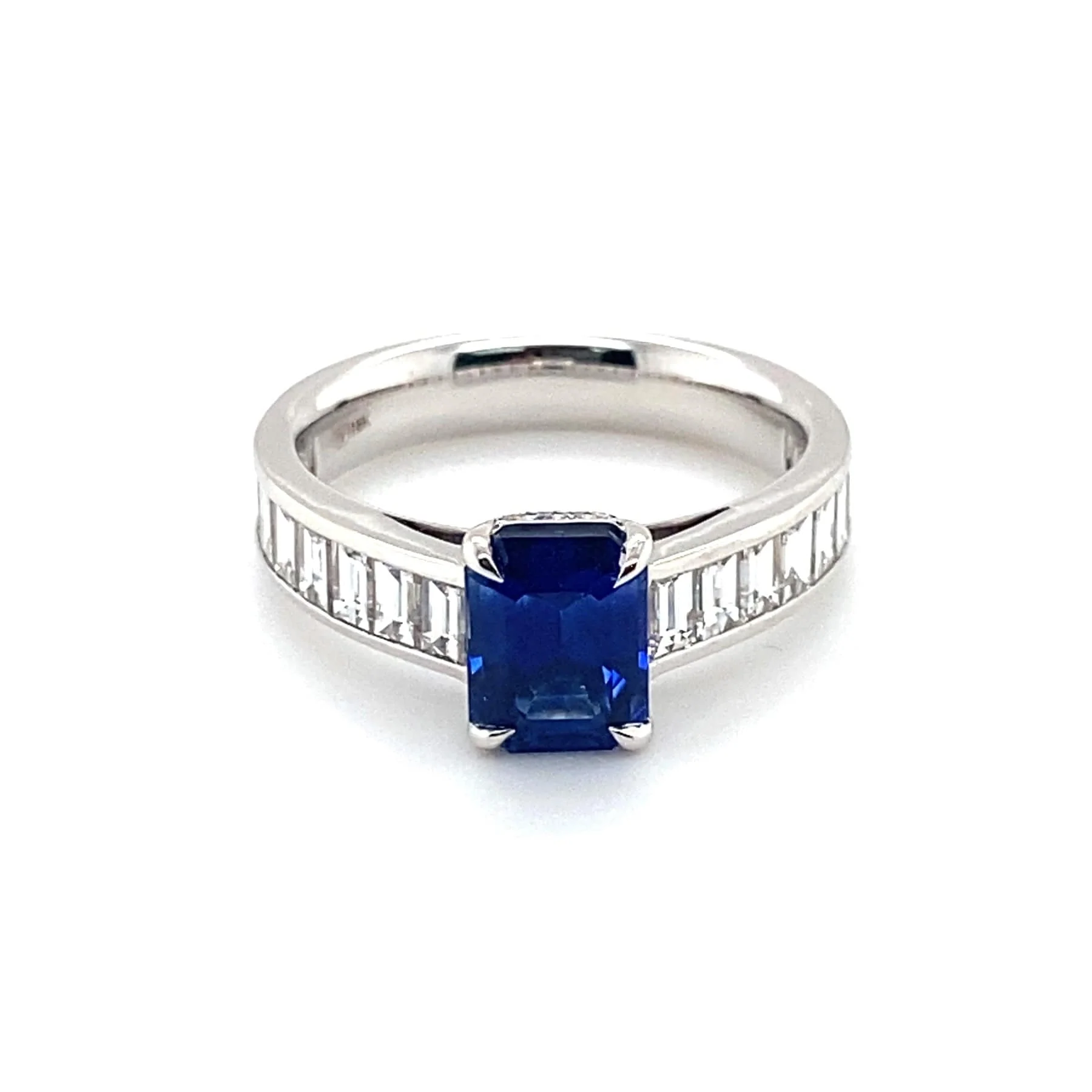 18K White Gold Emerald Cut Blue Sapphire and Diamond Ring