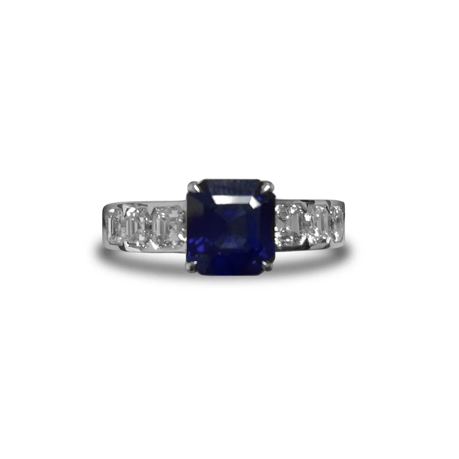 18K White Gold Asscher Cut Blue Sapphire and Diamond Ring