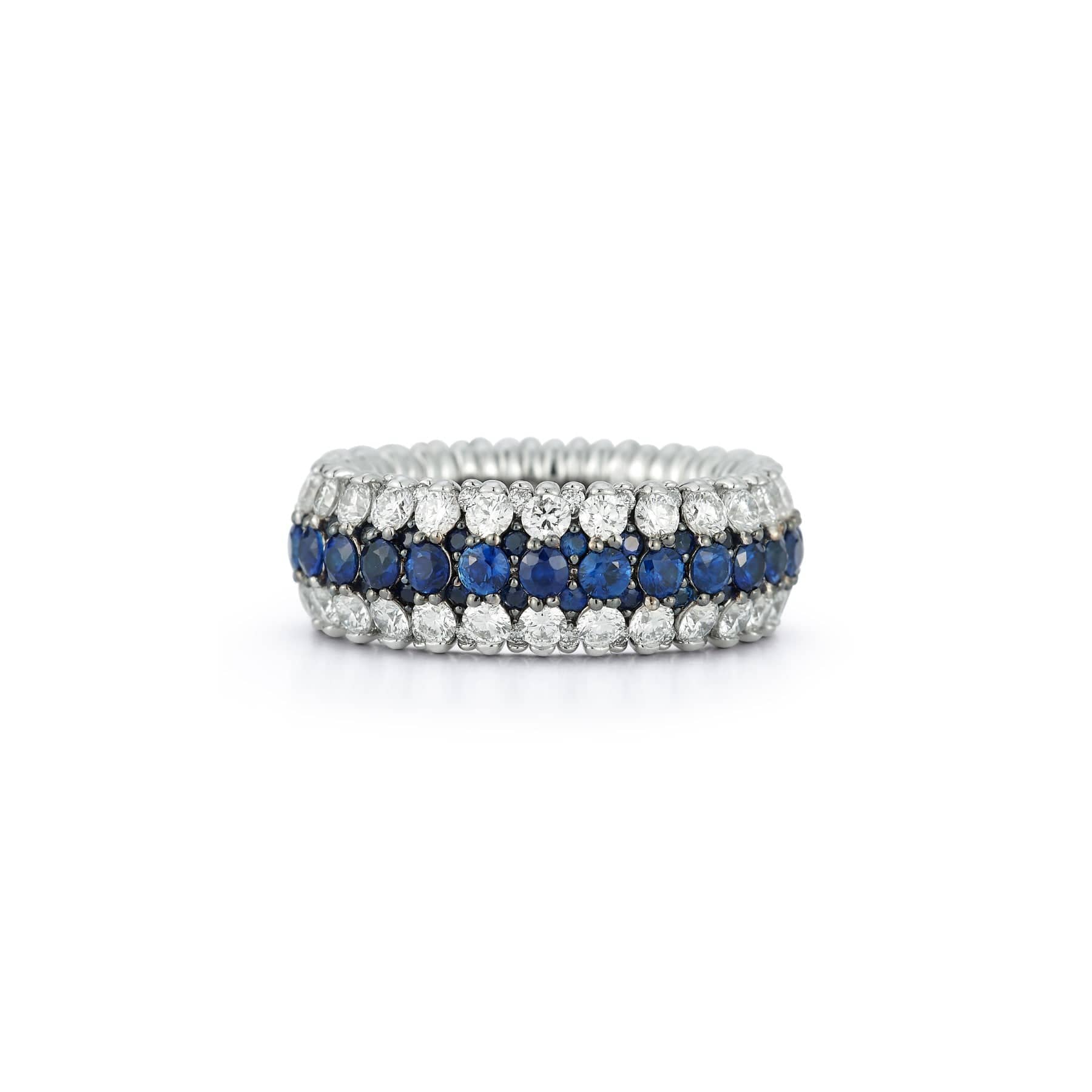 18K White Gold 3 Row Blue Sapphire and Diamond Stretch Ring