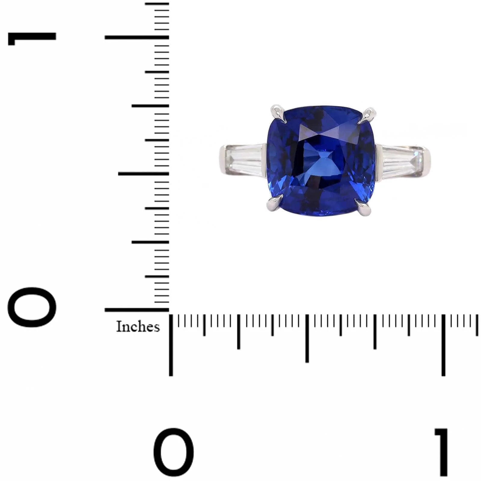 Platinum 3 Stone Cushion Cut Blue Sapphire and Baguette Diamond Ring - Image 4