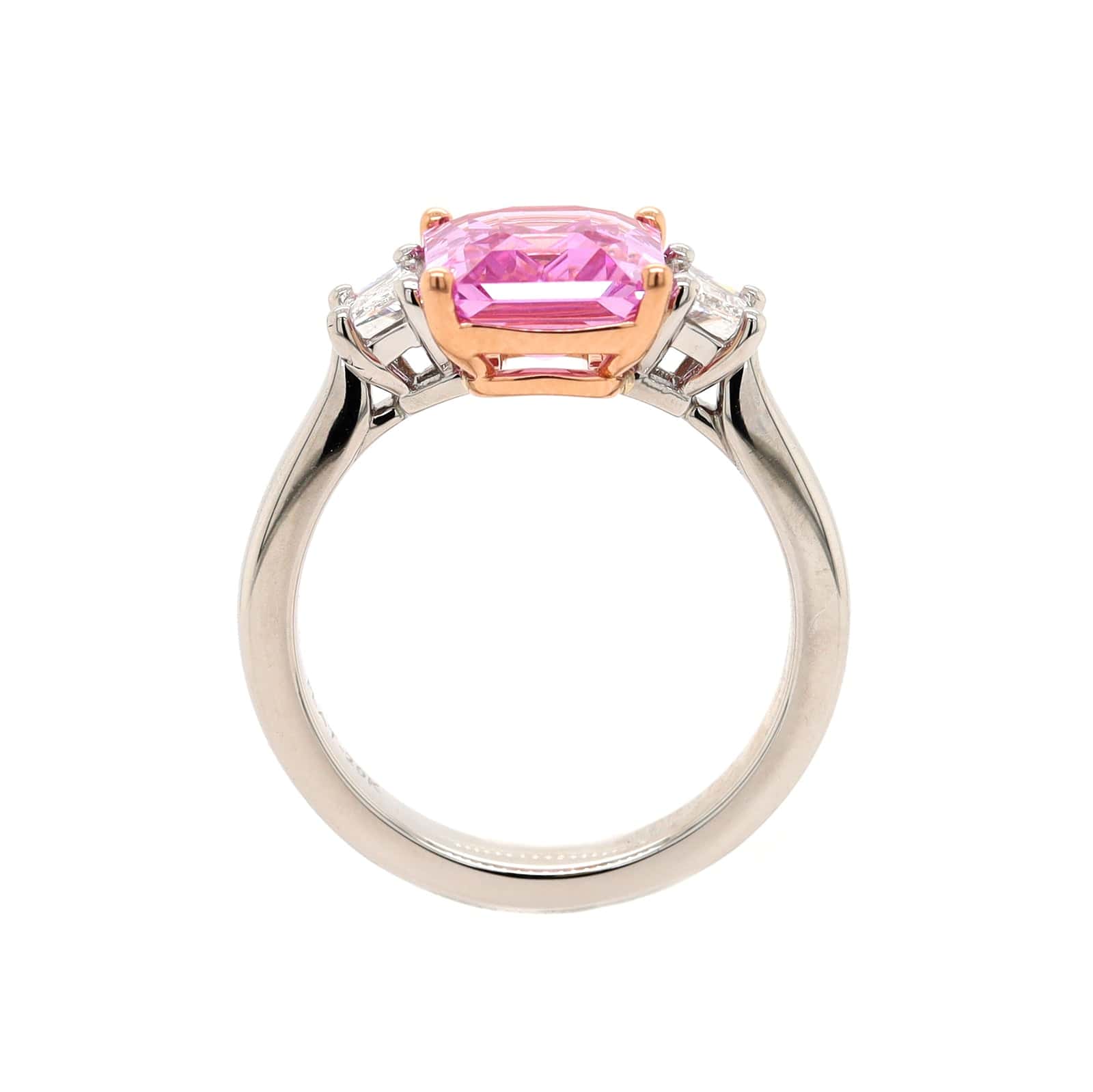 Platinum and 20K Rose Gold Three Stone Emerald Cut Sapphire and Diamond Ring - Image 3