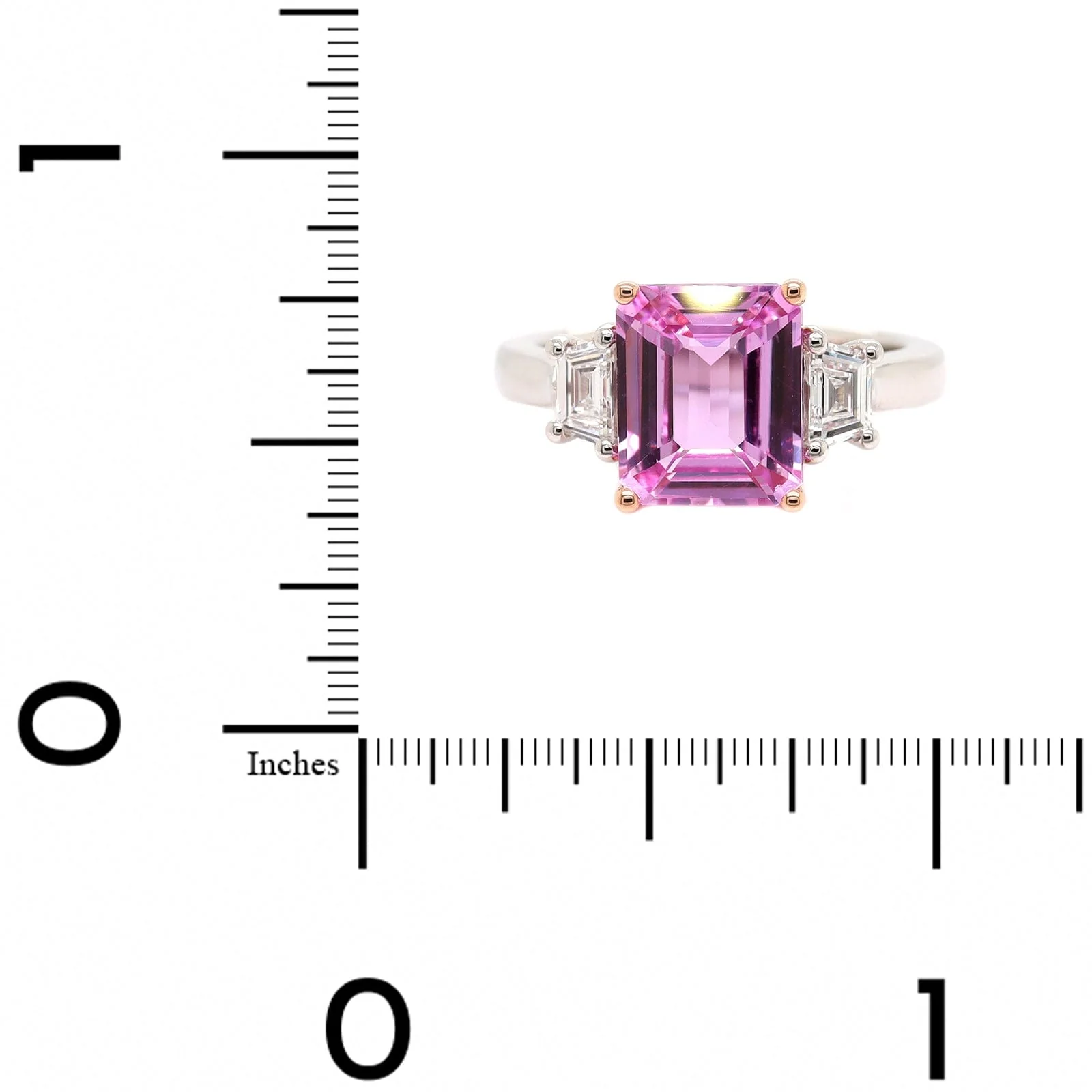 Platinum and 20K Rose Gold Three Stone Emerald Cut Sapphire and Diamond Ring - Image 4
