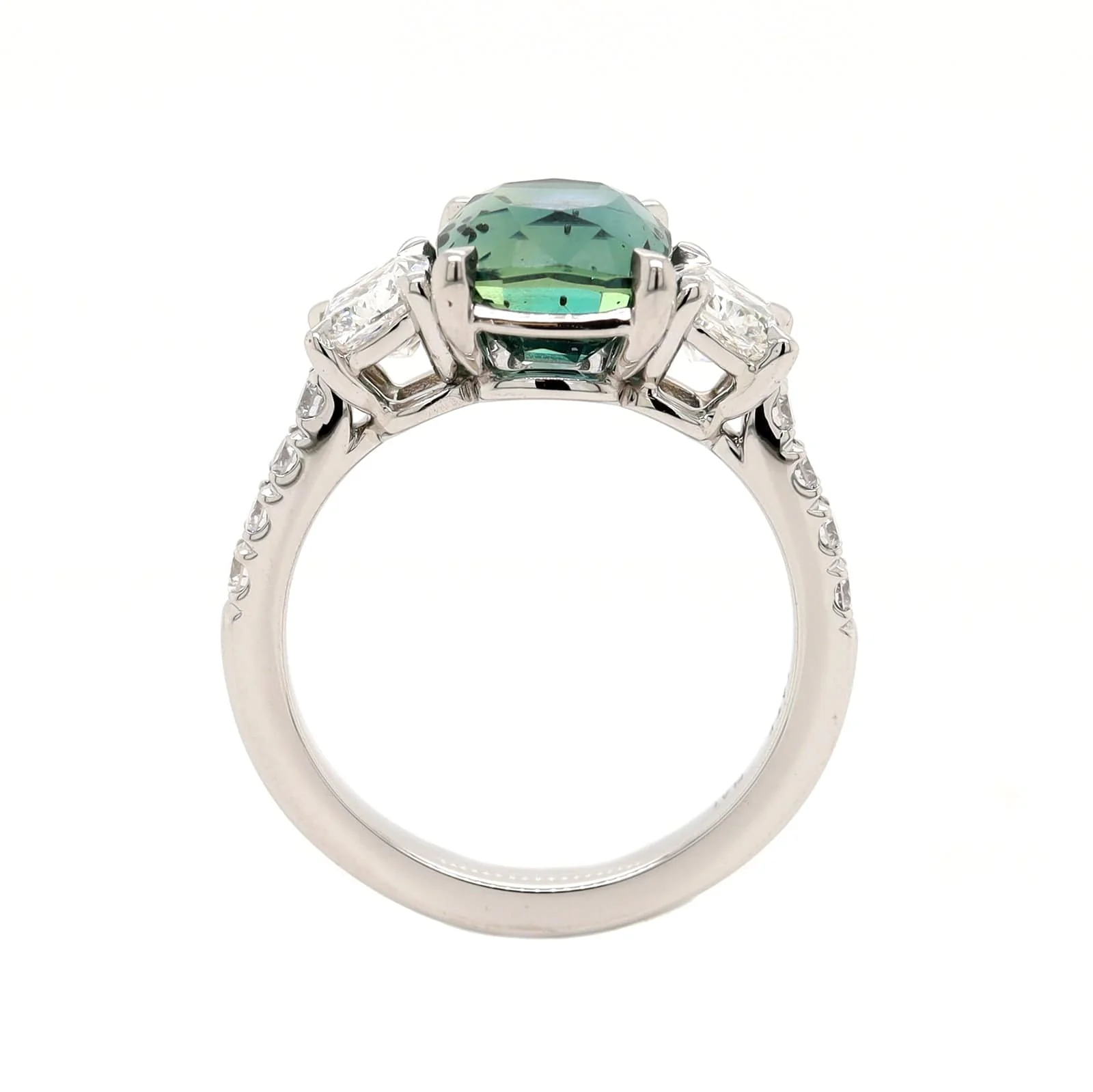 Platinum Three Stone Cushion Cut Sapphire and Diamond Ring - Image 3