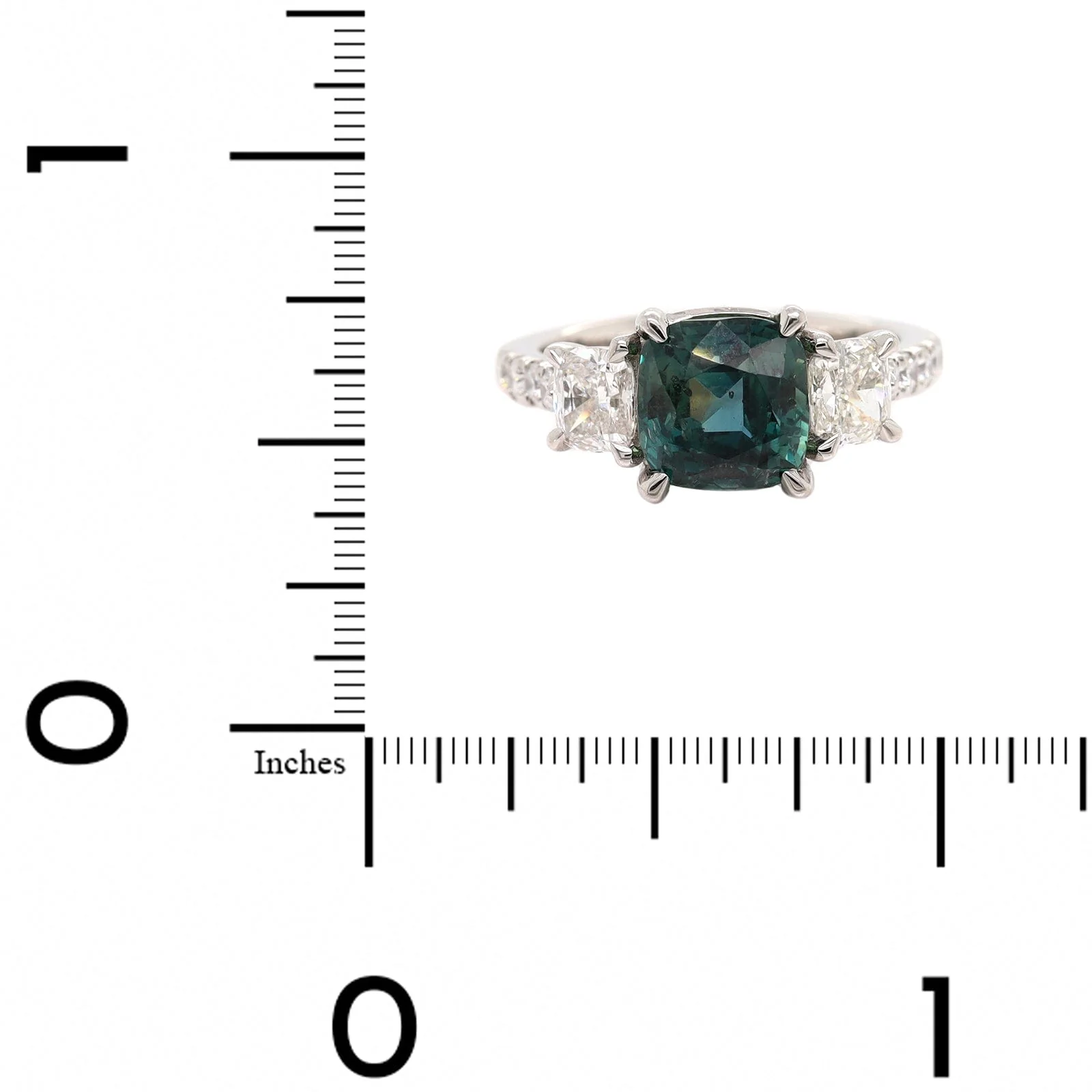 Platinum Three Stone Cushion Cut Sapphire and Diamond Ring - Image 4