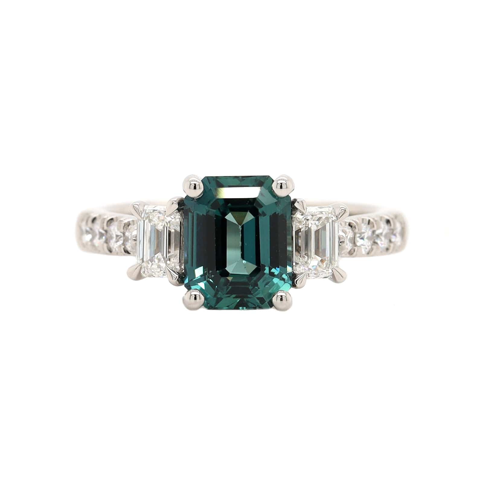Platinum Three Stone Blue Green Emerald Cut Sapphire and Diamond Ring
