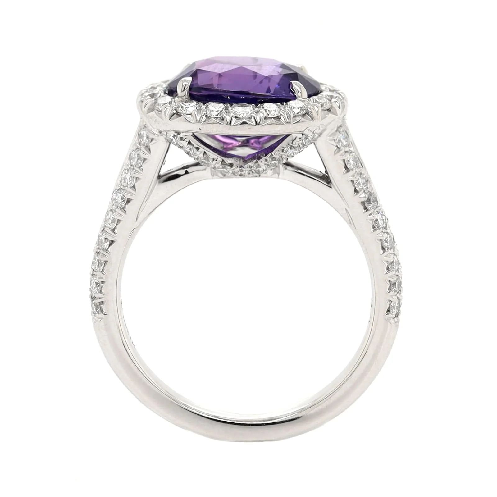 Platinum Oval Purple Sapphire and Diamond Halo Ring - Image 3