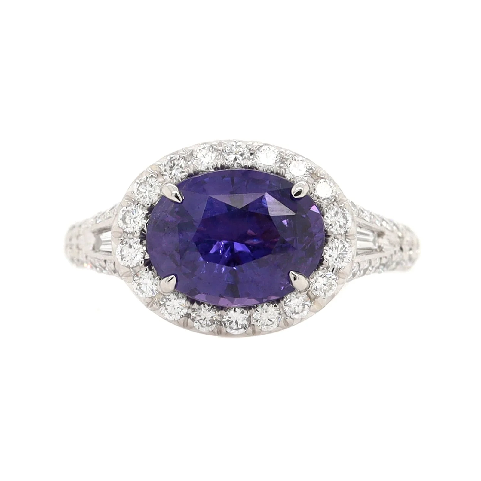 Platinum Oval Purple Sapphire and Diamond Halo Ring - Image 5