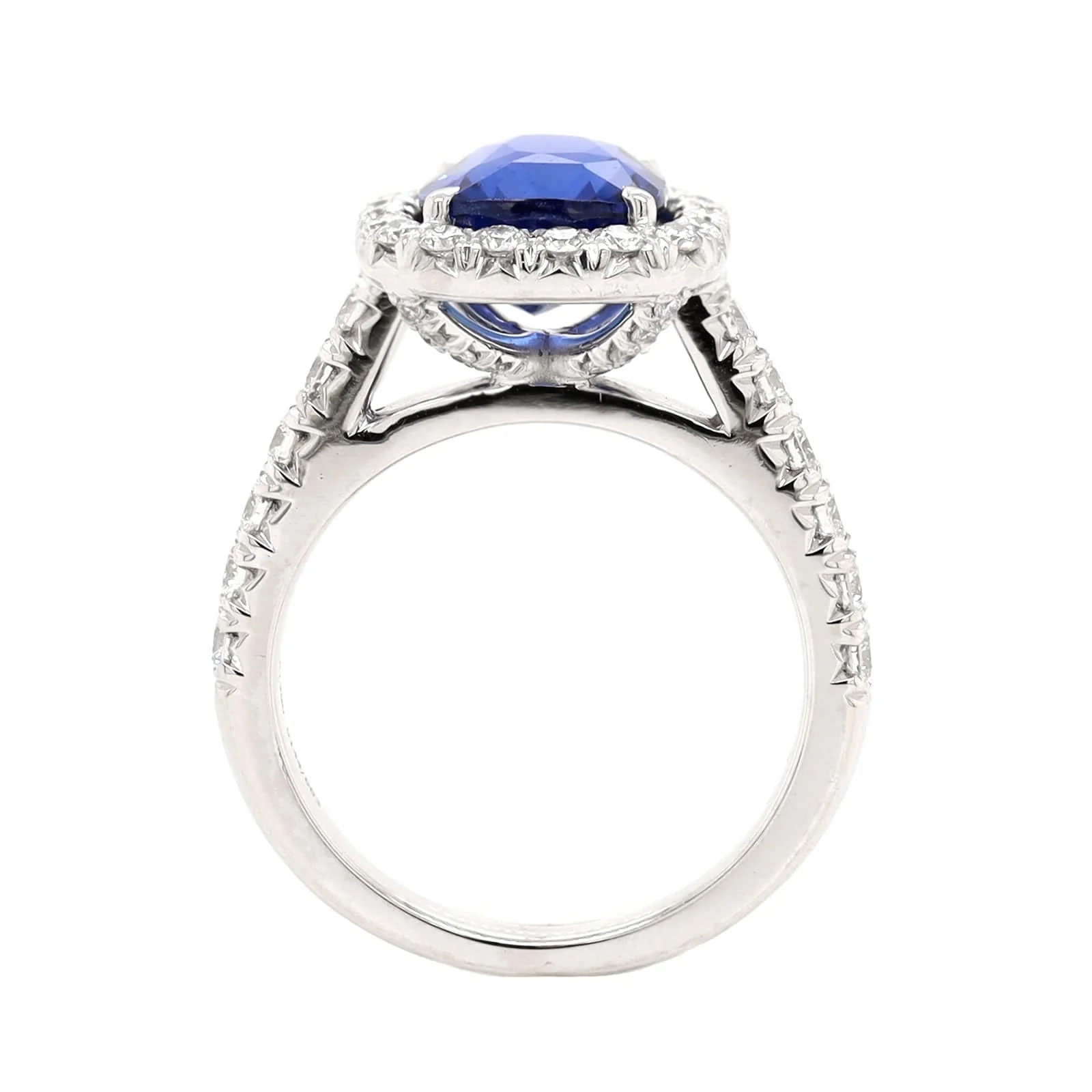Platinum Cushion Cut Blue Sapphire and Diamond Halo Ring - Image 3