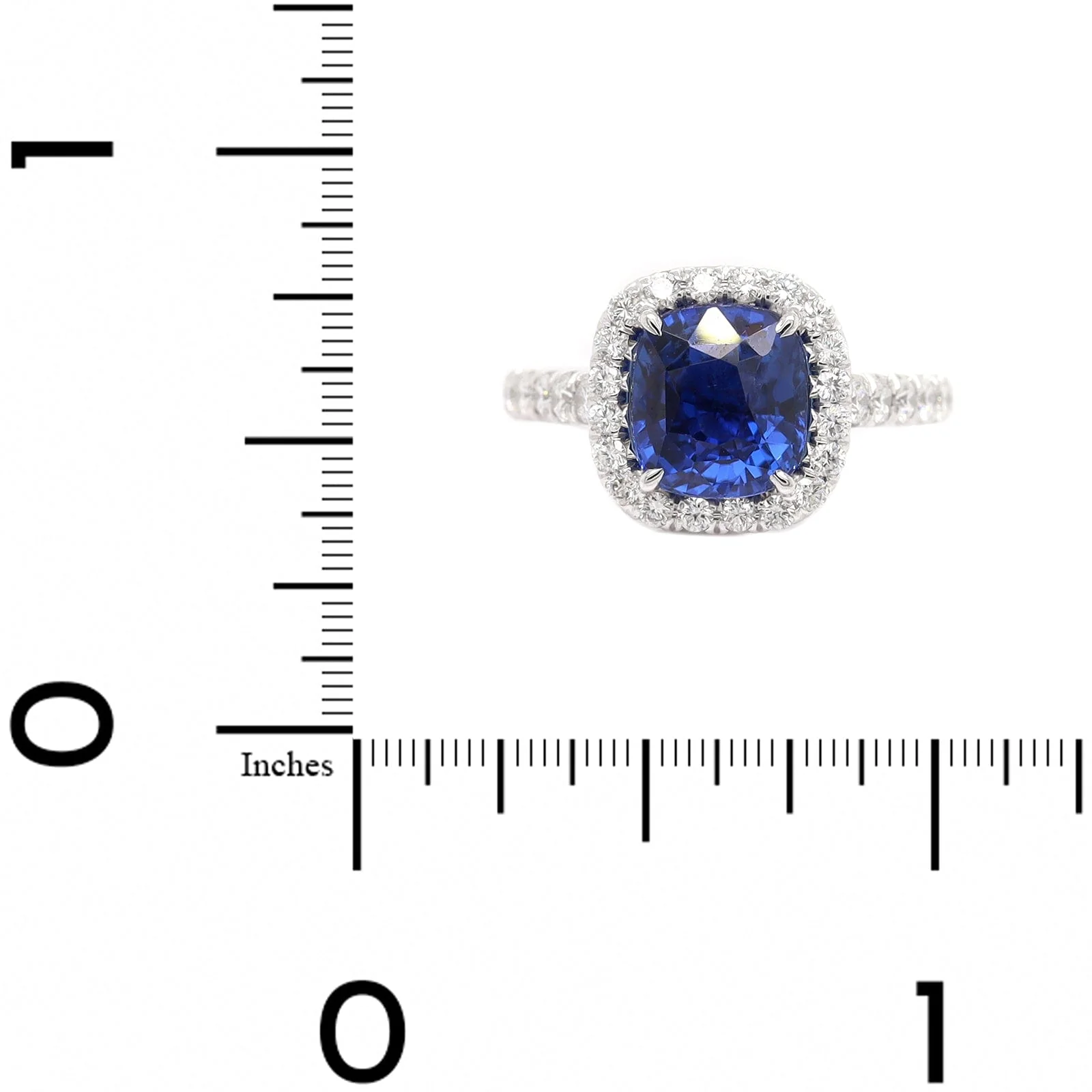Platinum Cushion Cut Blue Sapphire and Diamond Halo Ring - Image 4