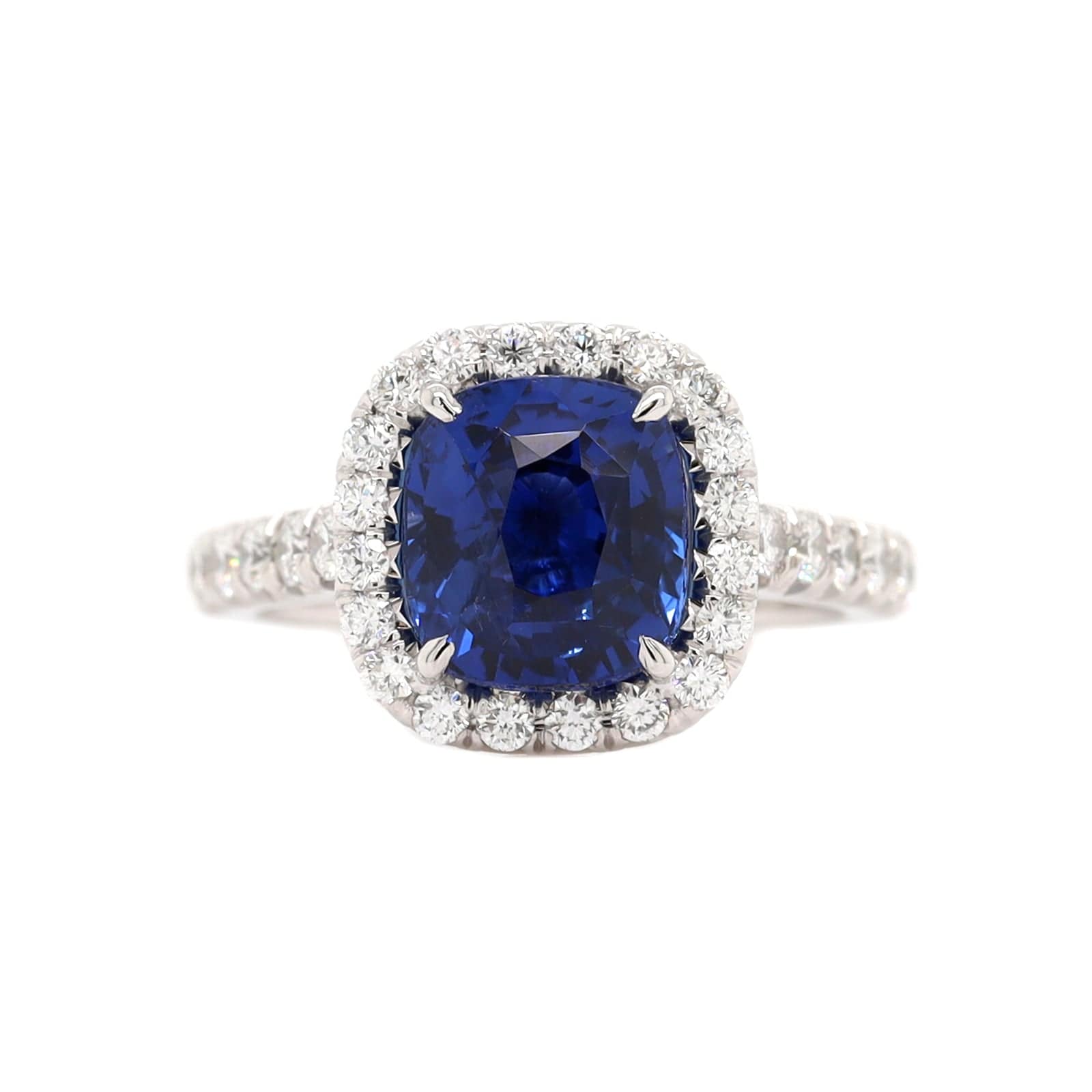 Platinum Cushion Cut Blue Sapphire and Diamond Halo Ring - Image 5