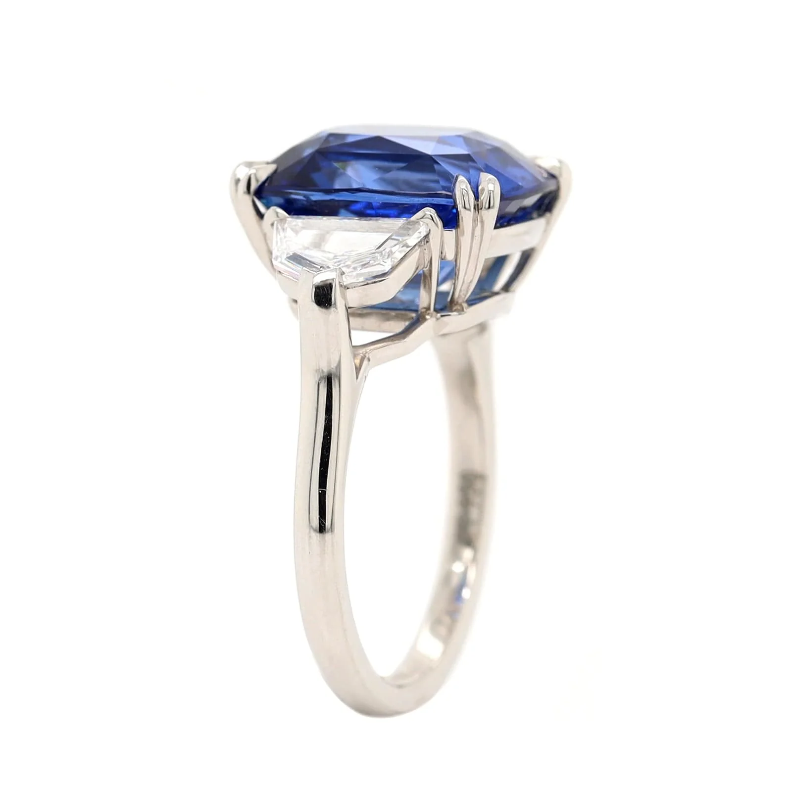 Platinum 3 Stone Cushion Cut Blue Sapphire and Diamond Ring - Image 2