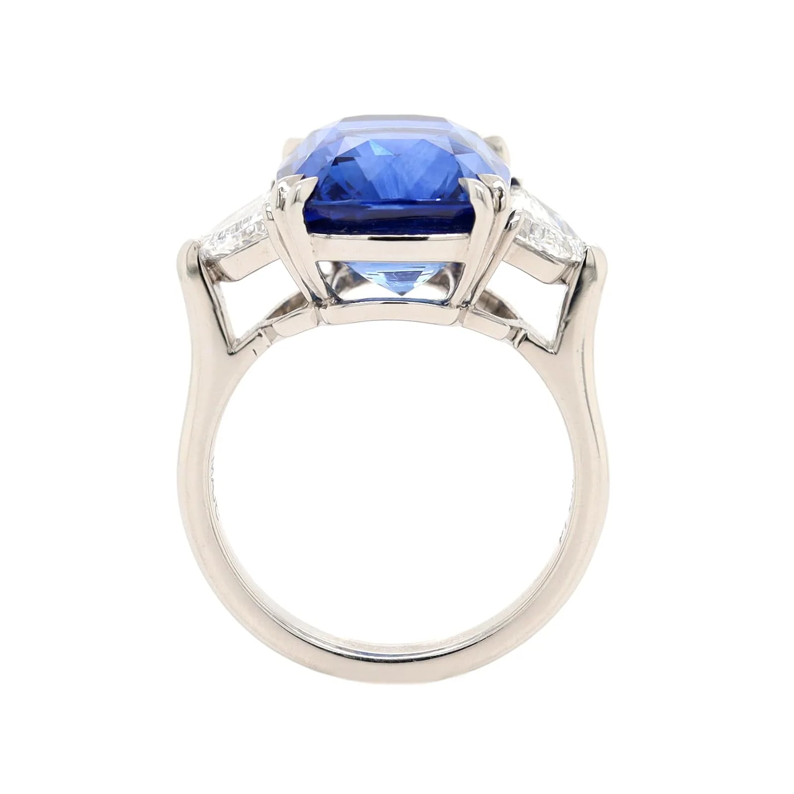 Platinum 3 Stone Cushion Cut Blue Sapphire and Diamond Ring - Image 3