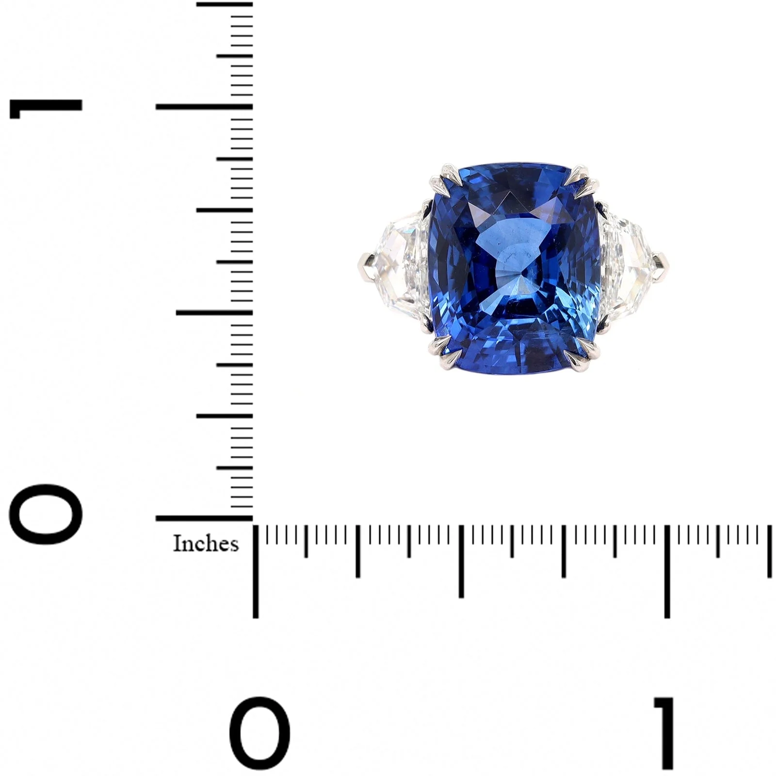 Platinum 3 Stone Cushion Cut Blue Sapphire and Diamond Ring - Image 4