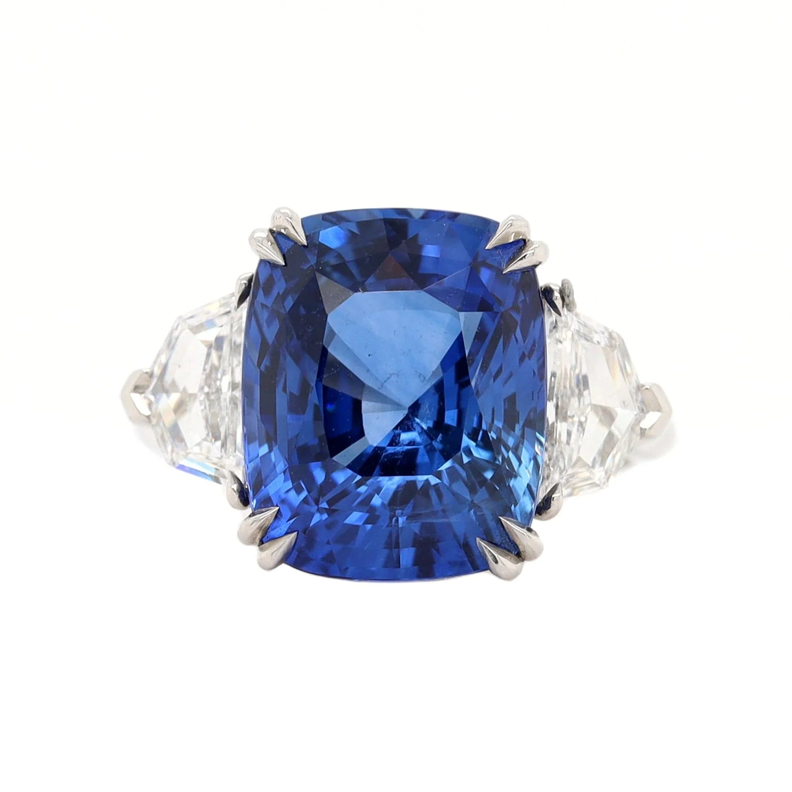 Platinum 3 Stone Cushion Cut Blue Sapphire and Diamond Ring - Image 5