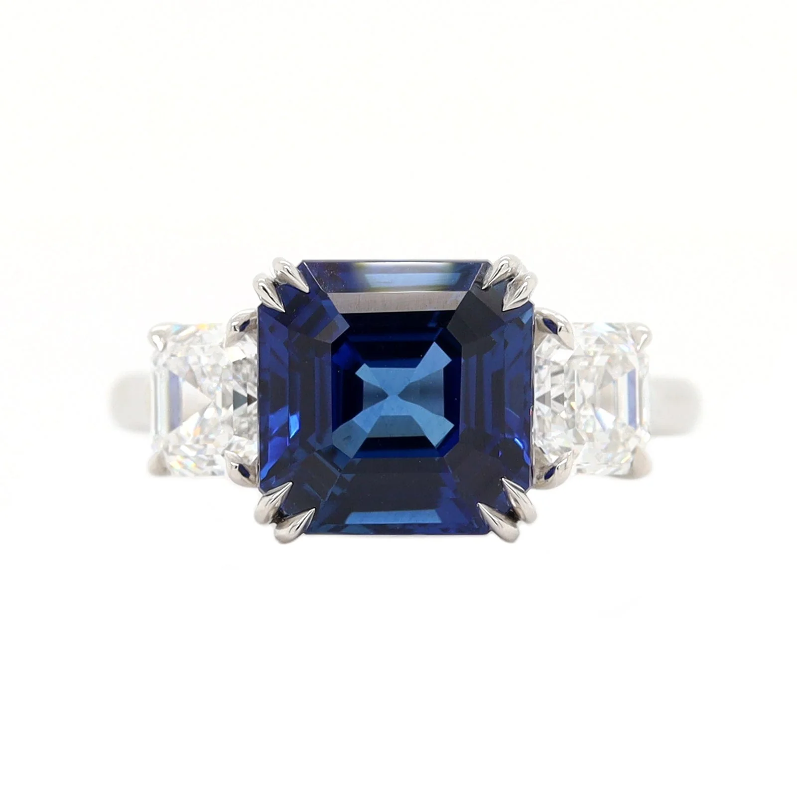 Platinum 3 Stone Square Emerald Cut Blue Sapphire and Diamond Ring