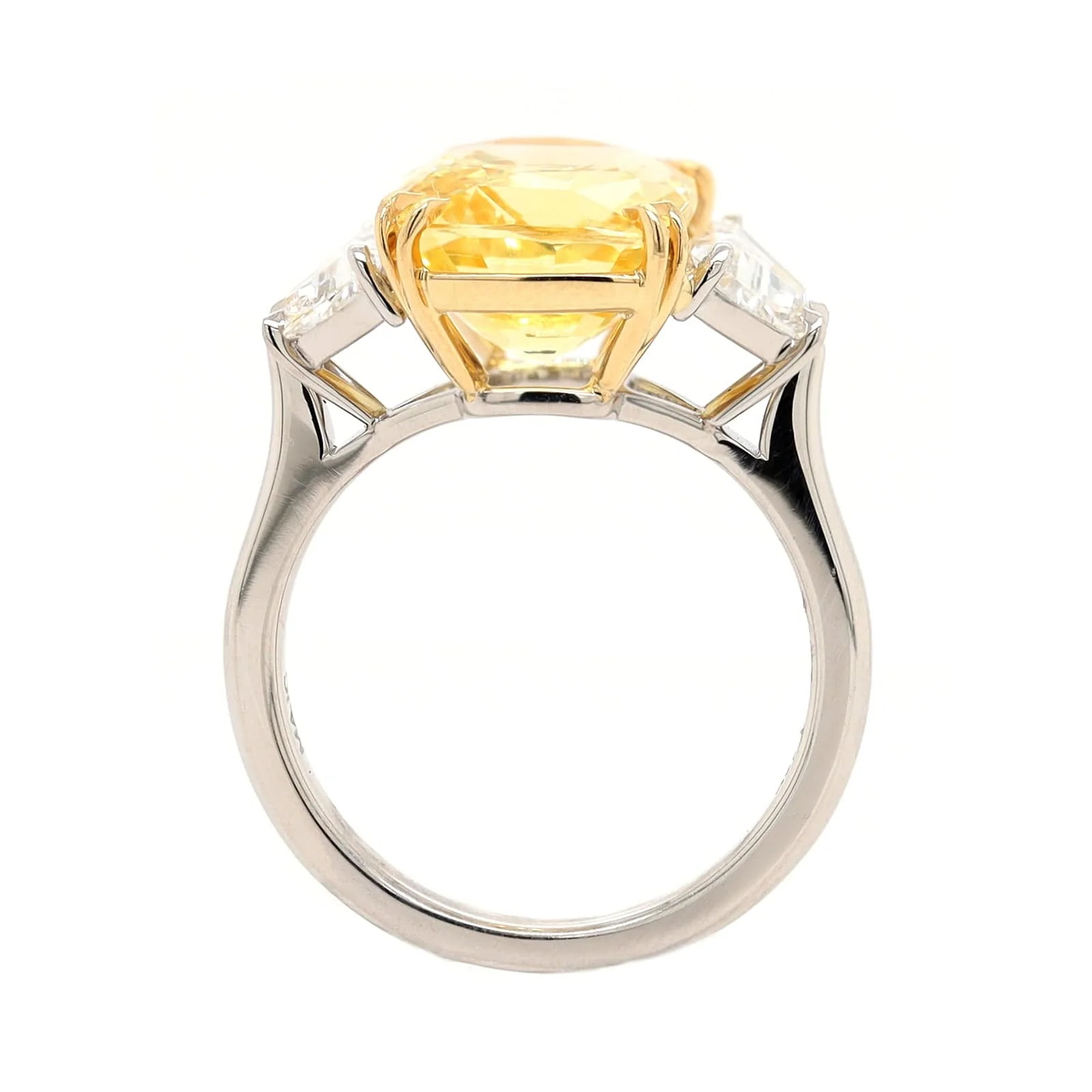 Platinum and 18K Yellow Gold 3 Stone Cushion Cut Yellow Sapphire and Diamond Ring - Image 3
